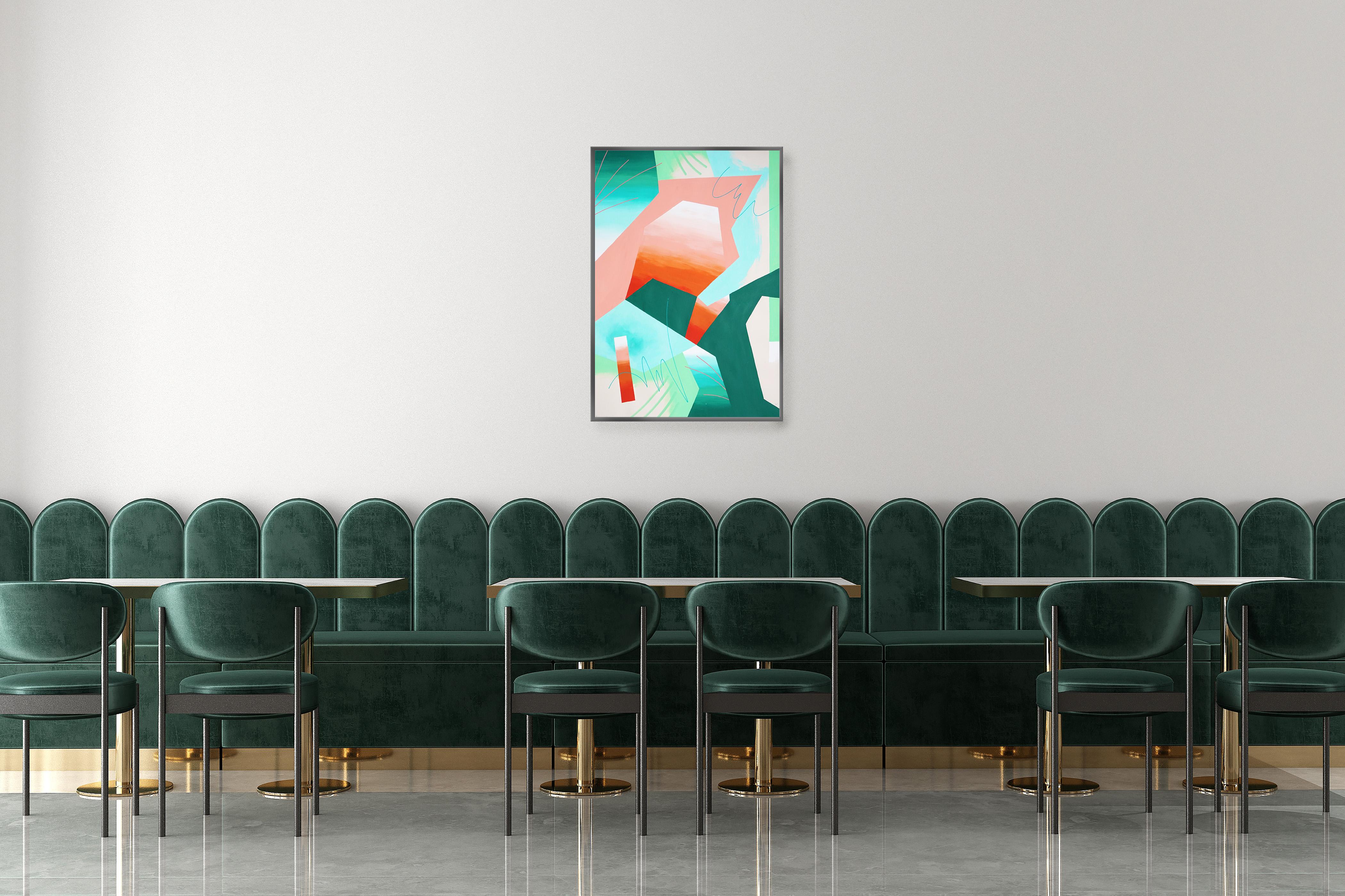 Gradiente rinfrescante, paesaggio urbano verde e arancione, architettura geometrica - Painting Cubismo di Perrine Honoré