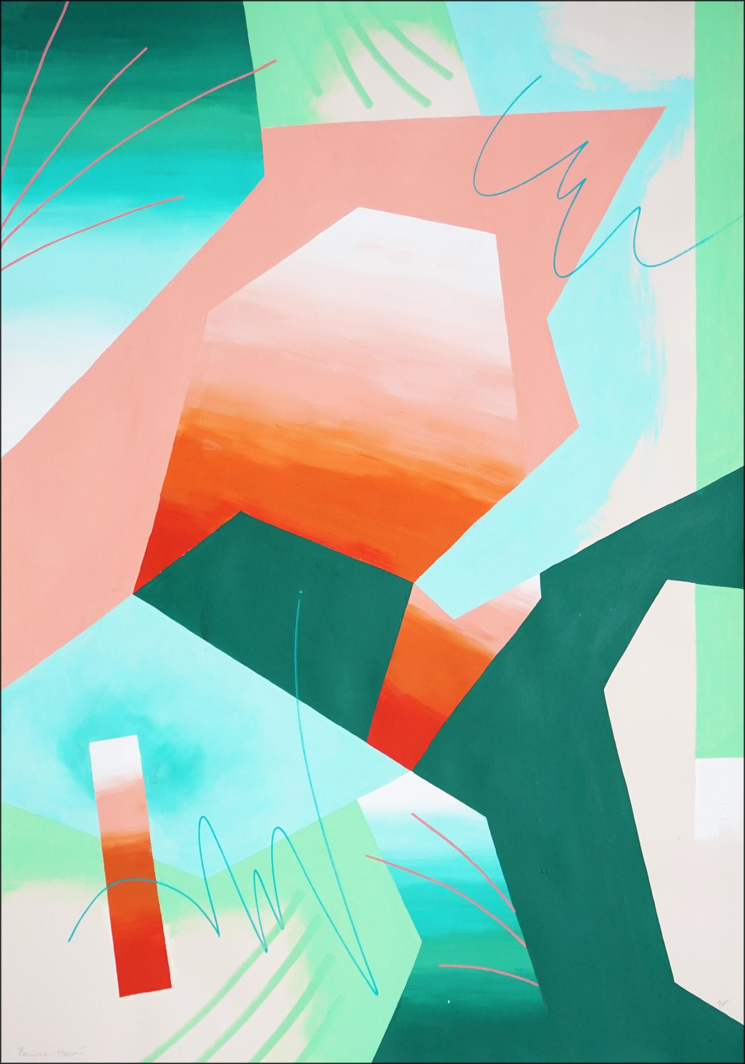 refreshende Farbgebung, grüne und orangefarbene Stadtlandschaft, geometrische Architektur