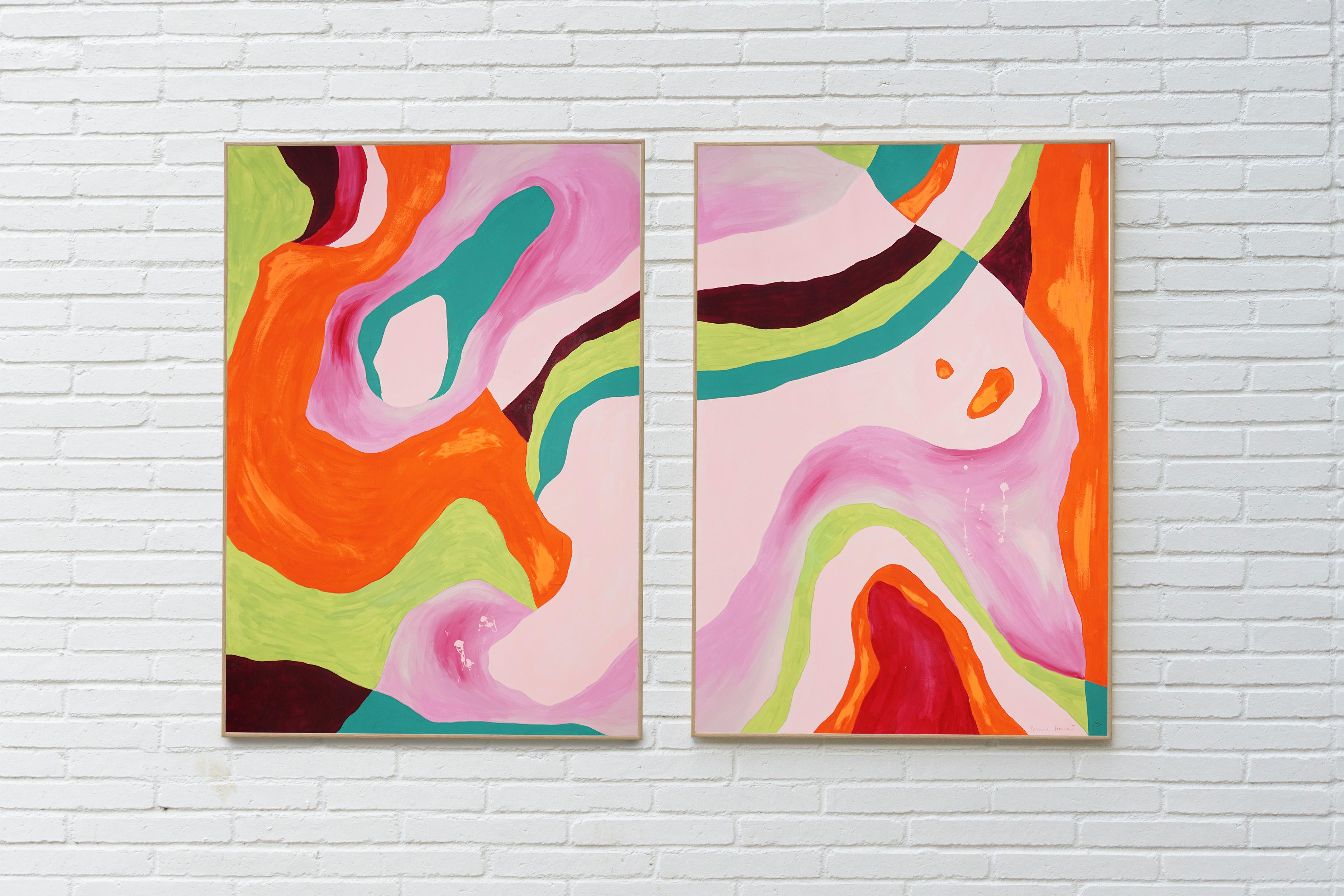Sensual Diptych, Organic Abstract Atmosphere in Pastel Pink and Orange, Paper - Painting by Perrine Honoré