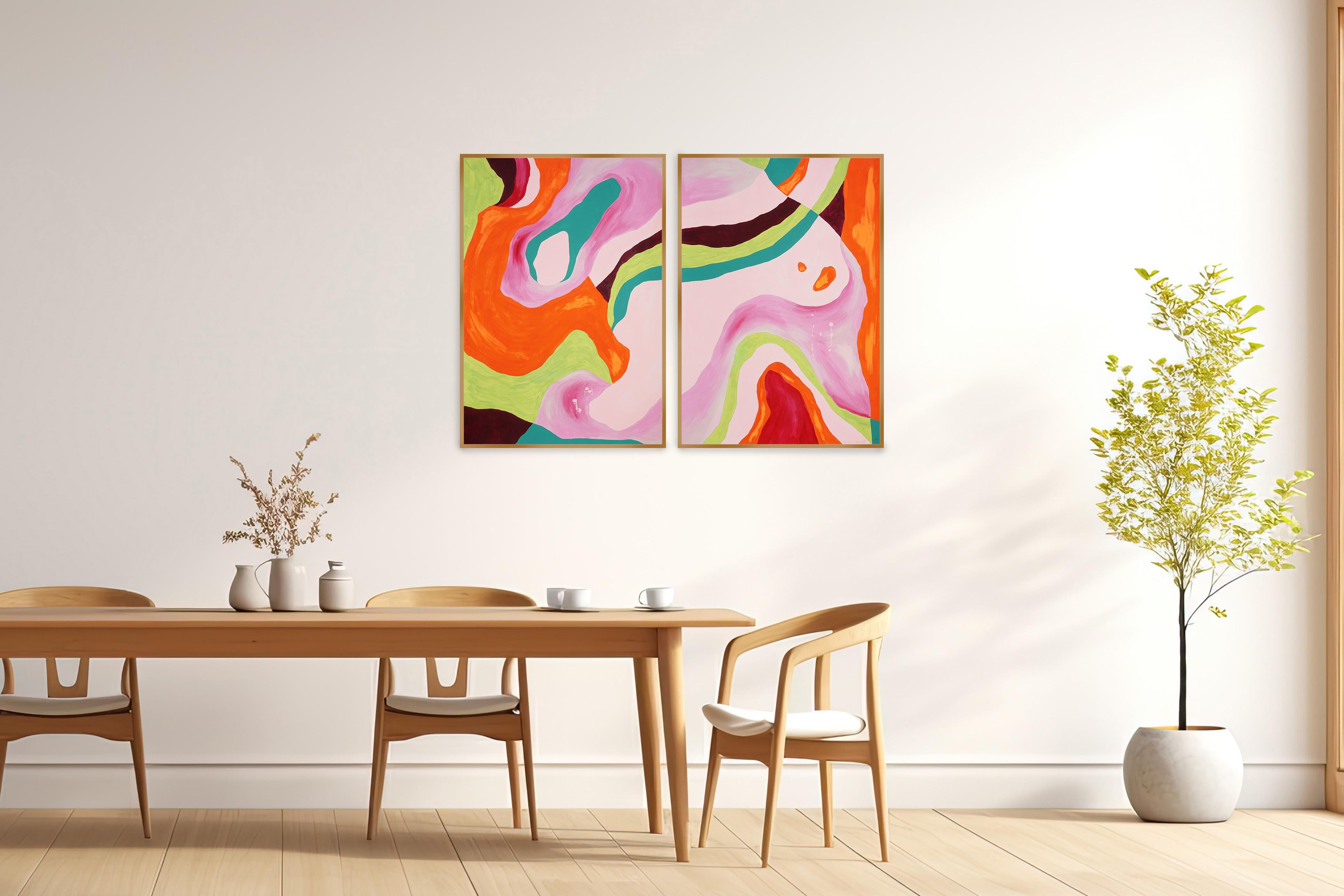 Sensual Diptych, Organic Abstract Atmosphere in Pastel Pink and Orange, Paper - Abstract Impressionist Painting by Perrine Honoré