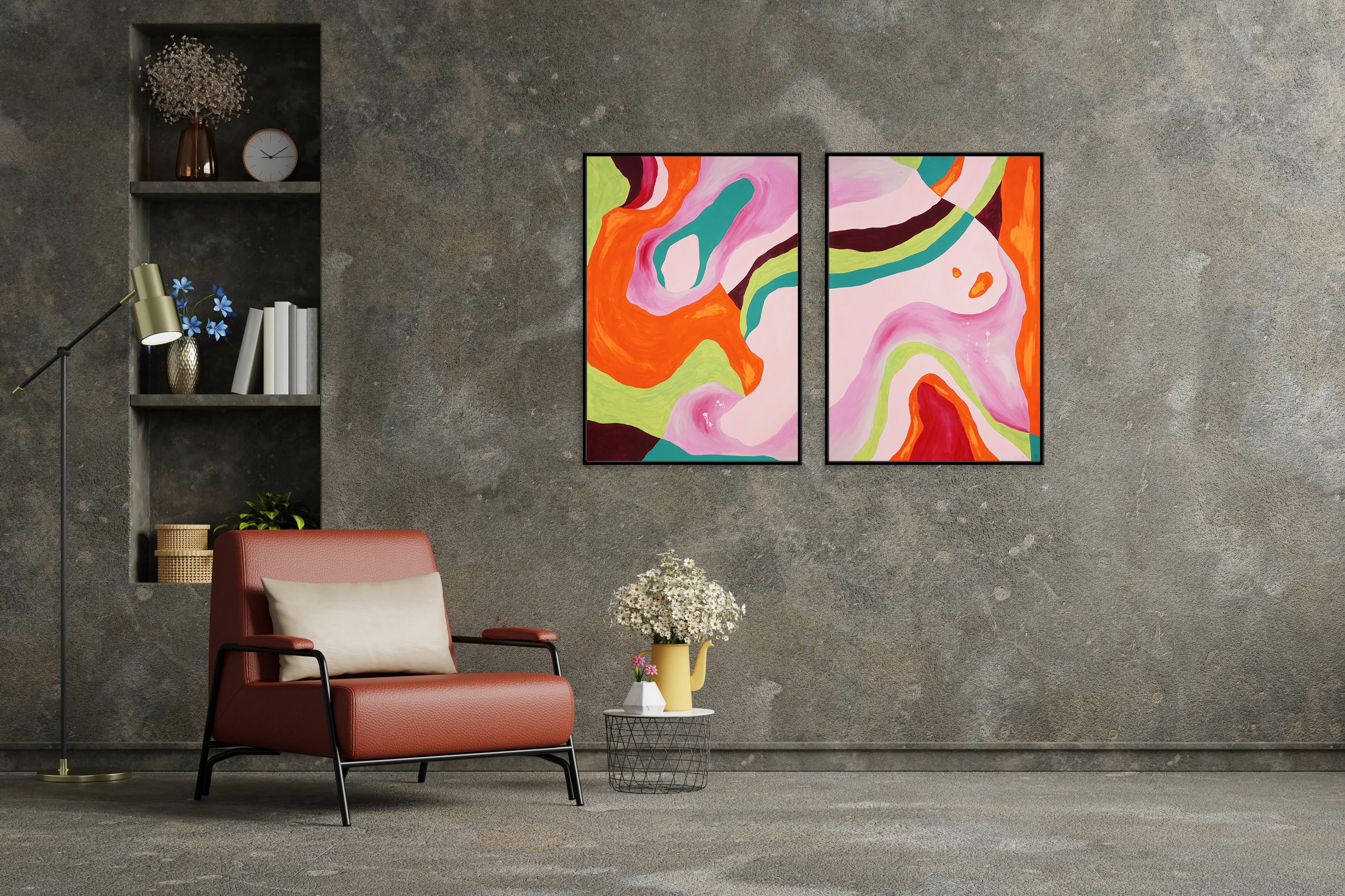 Sensual Diptych, Organic Abstract Atmosphere in Pastel Pink and Orange, Paper For Sale 2