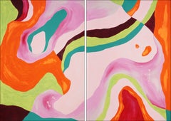 Sensual Diptych, Organic Abstract Atmosphere in Pastel Pink and Orange, Paper