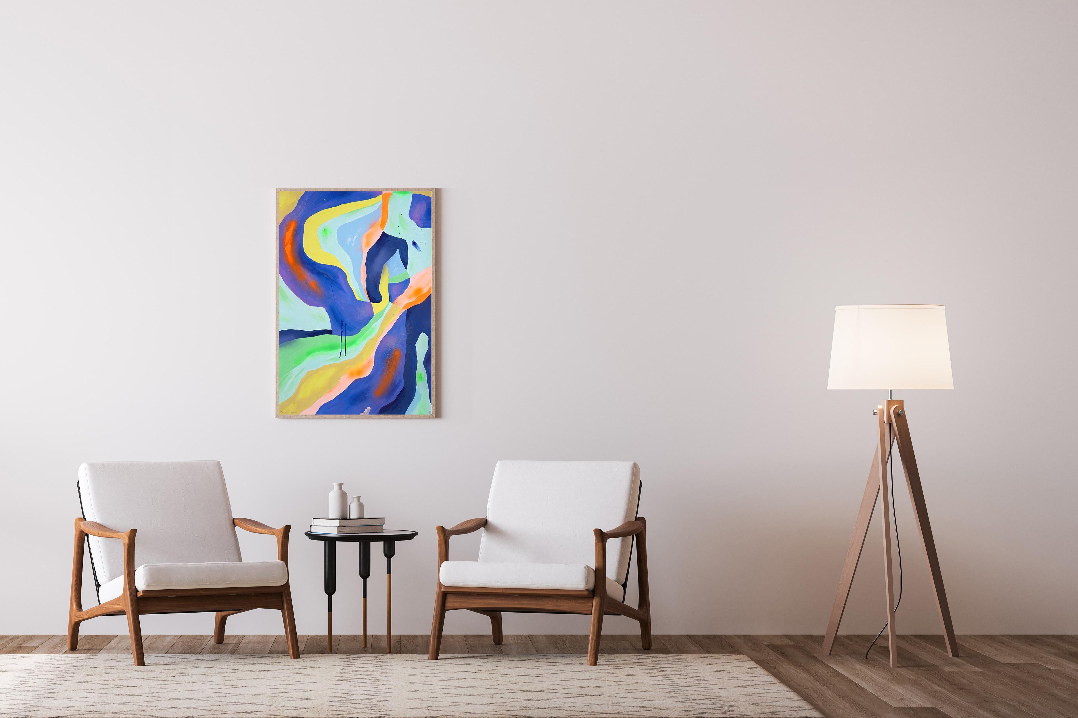 Space Jam, Blue and Green Contemporary Abstraction, Modern Gestural, Paper - Gray Landscape Painting by Perrine Honoré