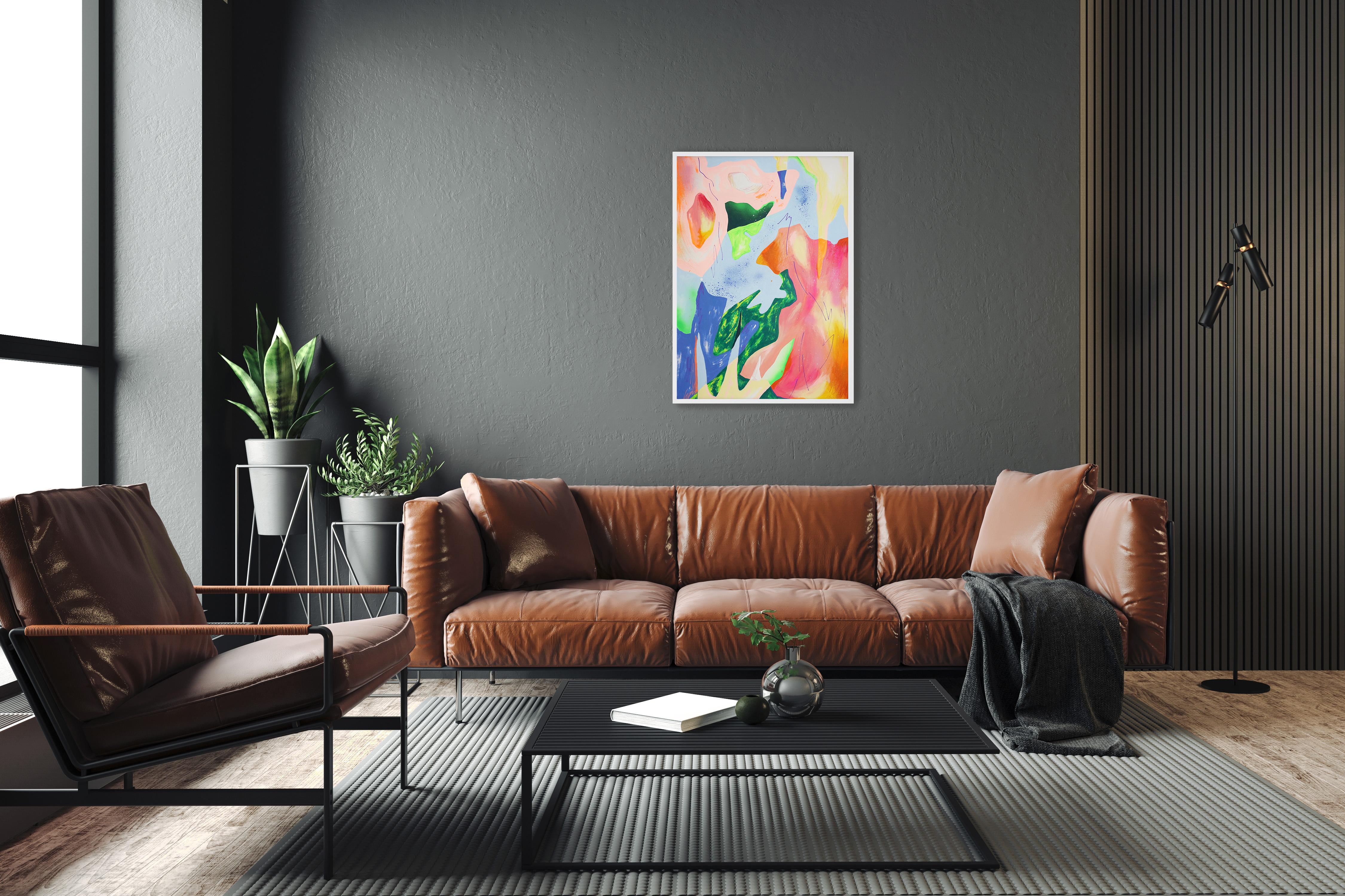 Emotions and Textures bursts with gestural freedom and expressive layering, capturing the raw vitality of contemporary abstraction. With bold brushstrokes, spray textures, and a vibrant interplay of saturated hues—lavender, vermilion, jade, and