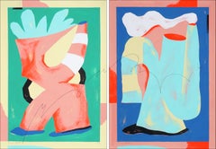 Things Being Things, Abstract Figurative Painting Diptych on Paper, Pastel Tones
