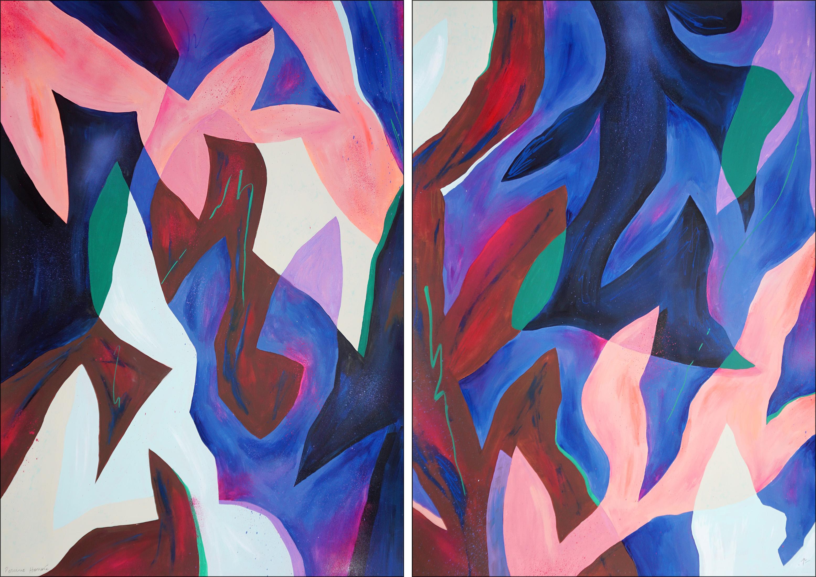 Tree Treats, Abstraktes Baum-Diptychon in Lila-Tönen, schwebende organische Blätter