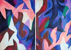 Tree Treats, Abstraktes Baum-Diptychon in Lila-Tönen, schwebende organische Blätter