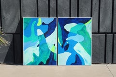 Formas de Agua, Díptico Moderno Azul Turquesa, Abstracción Ilustrativa sobre Papel