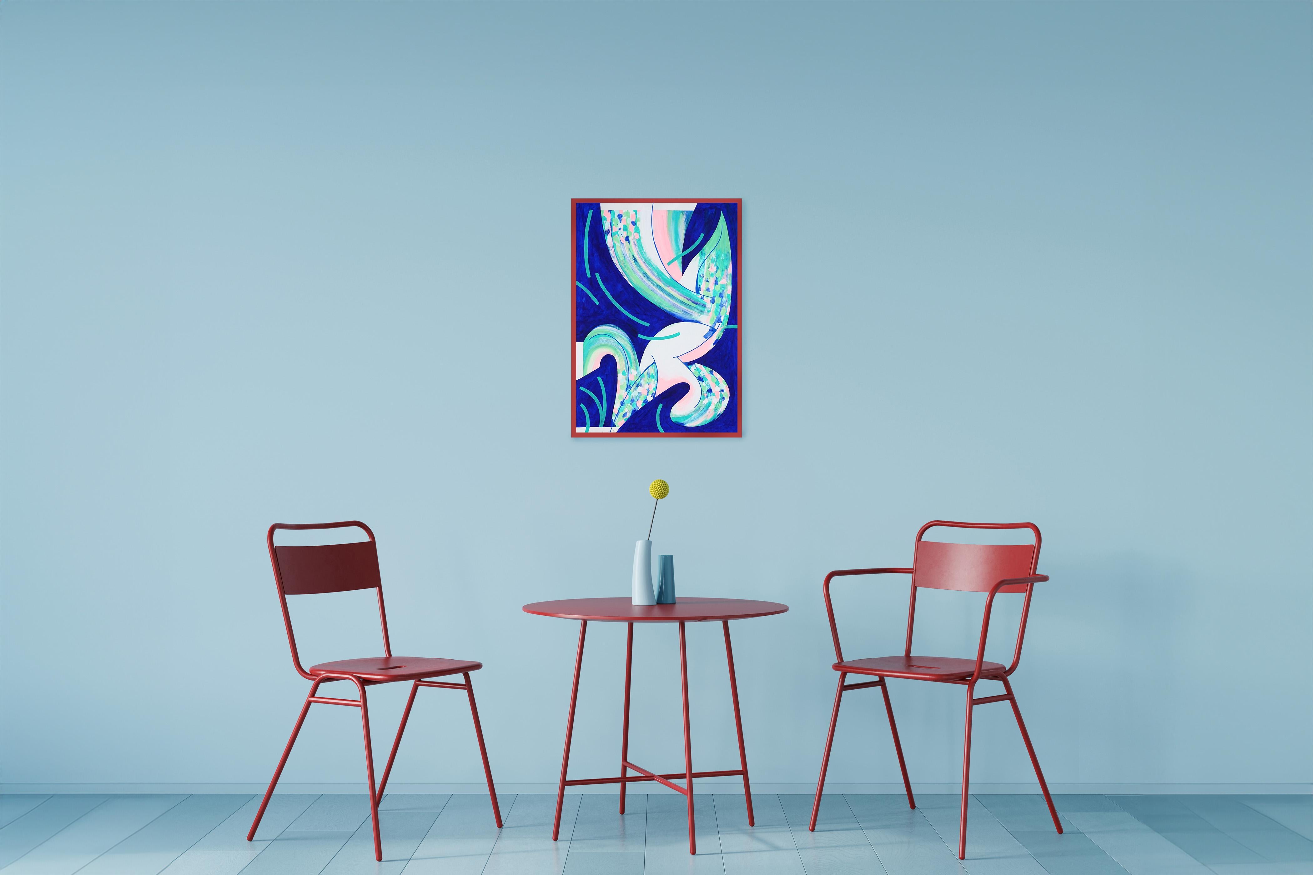Conchiglia ondulata, pittura astratta in blu, gesti turchesi su carta, nautica - Painting Street Art di Perrine Honoré