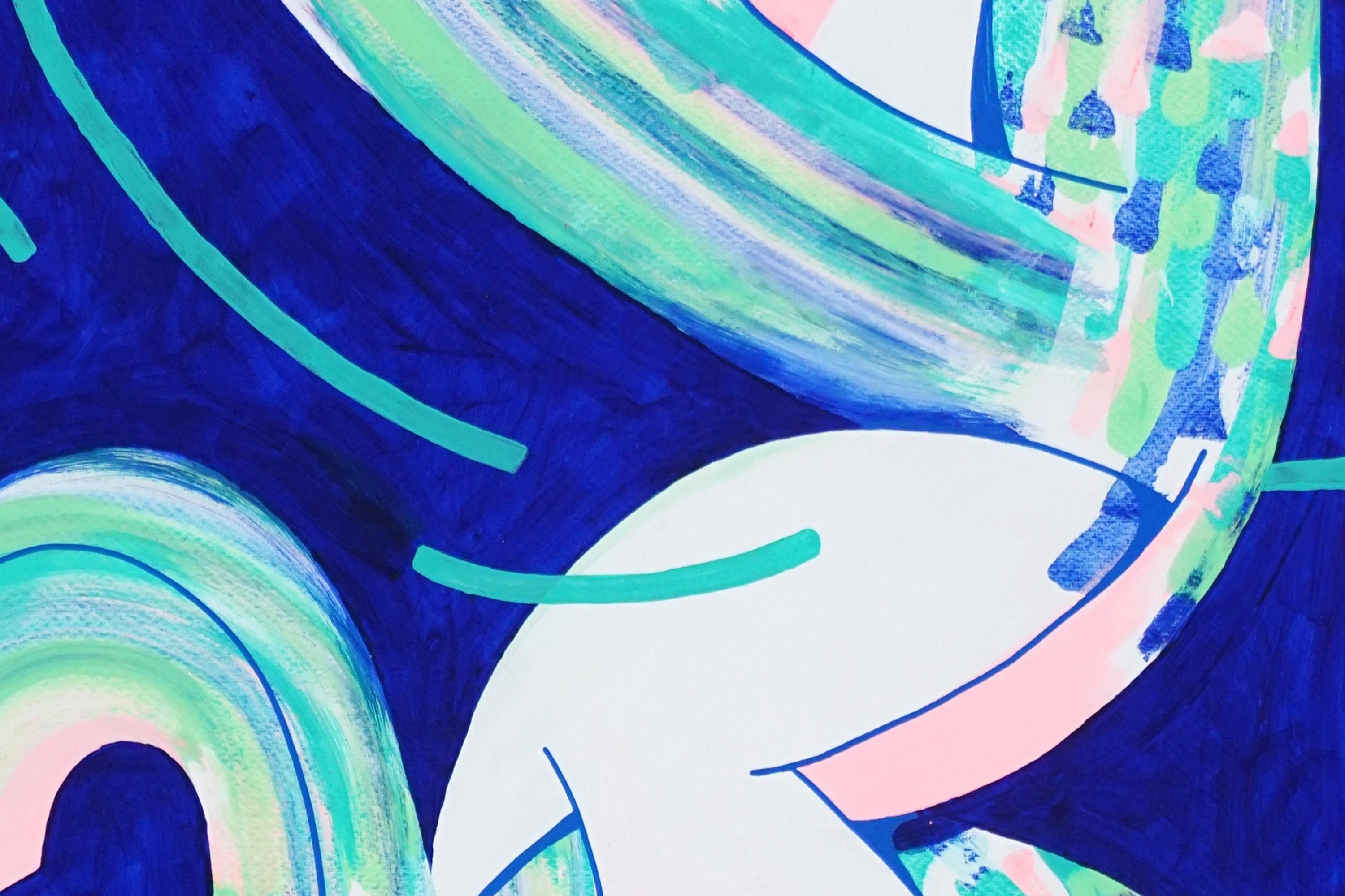 Conchiglia ondulata, pittura astratta in blu, gesti turchesi su carta, nautica - Abstract Painting Viola di Perrine Honoré