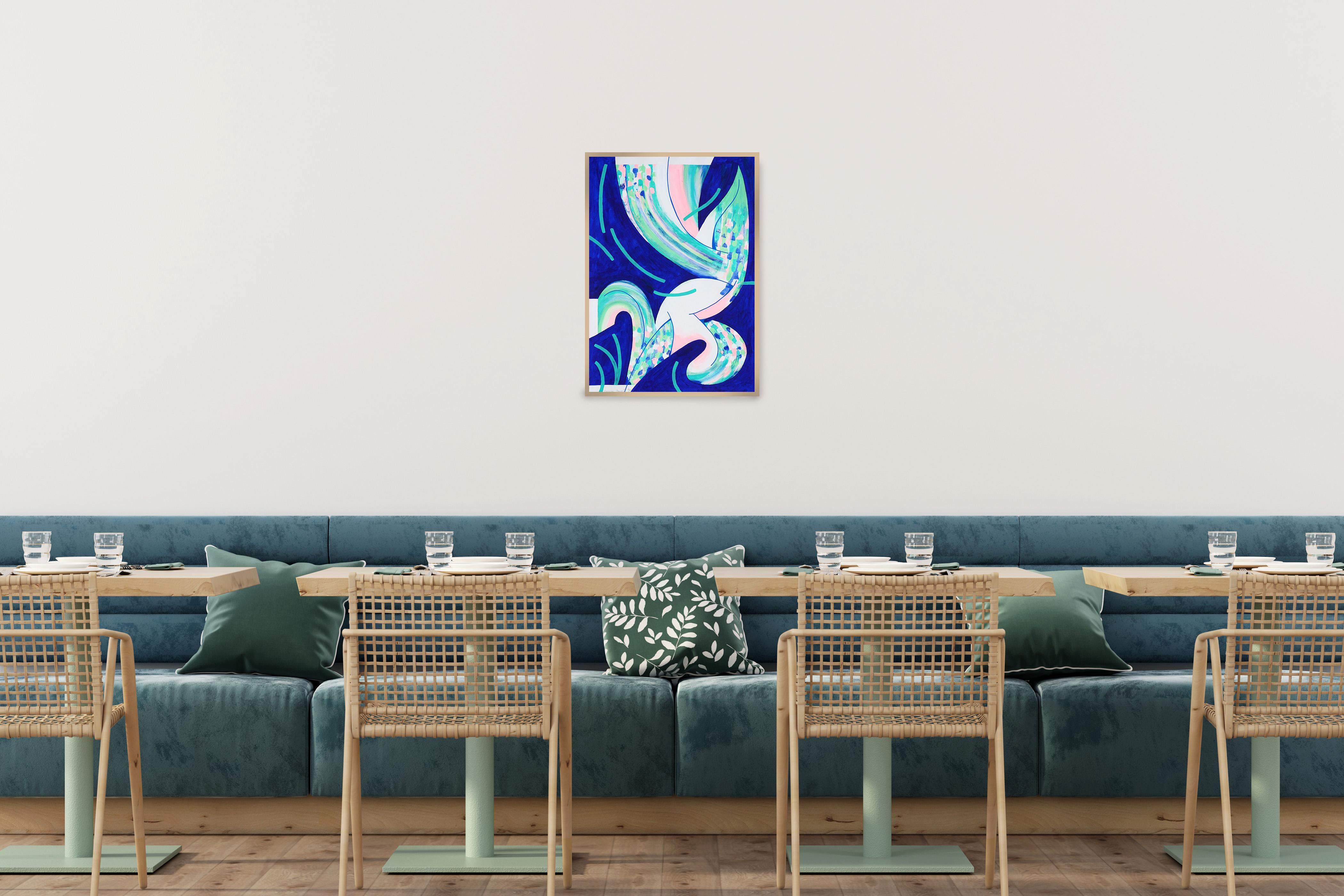 Conchiglia ondulata, pittura astratta in blu, gesti turchesi su carta, nautica in vendita 1