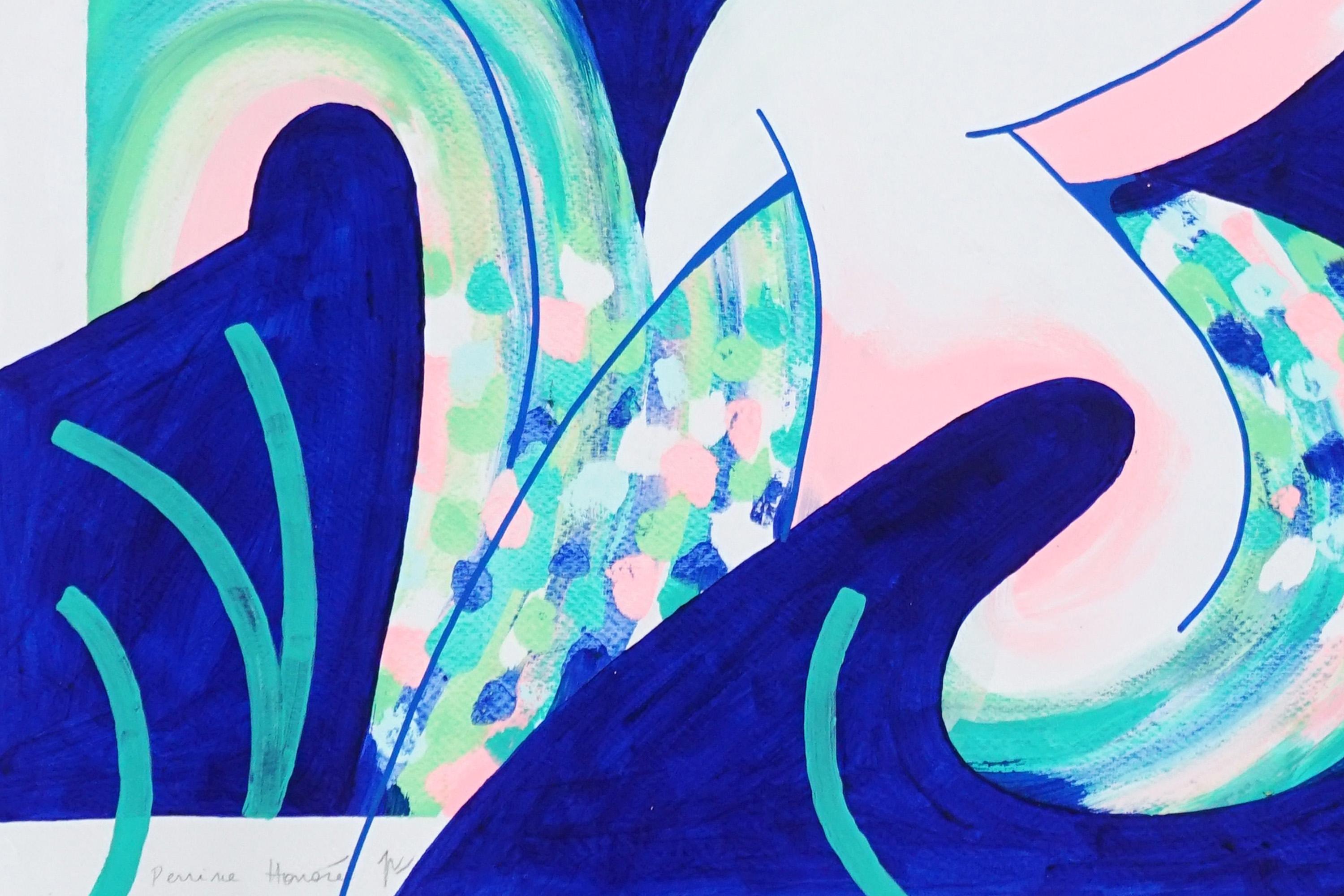 Conchiglia ondulata, pittura astratta in blu, gesti turchesi su carta, nautica in vendita 3