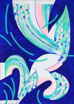 Conchiglia ondulata, pittura astratta in blu, gesti turchesi su carta, nautica