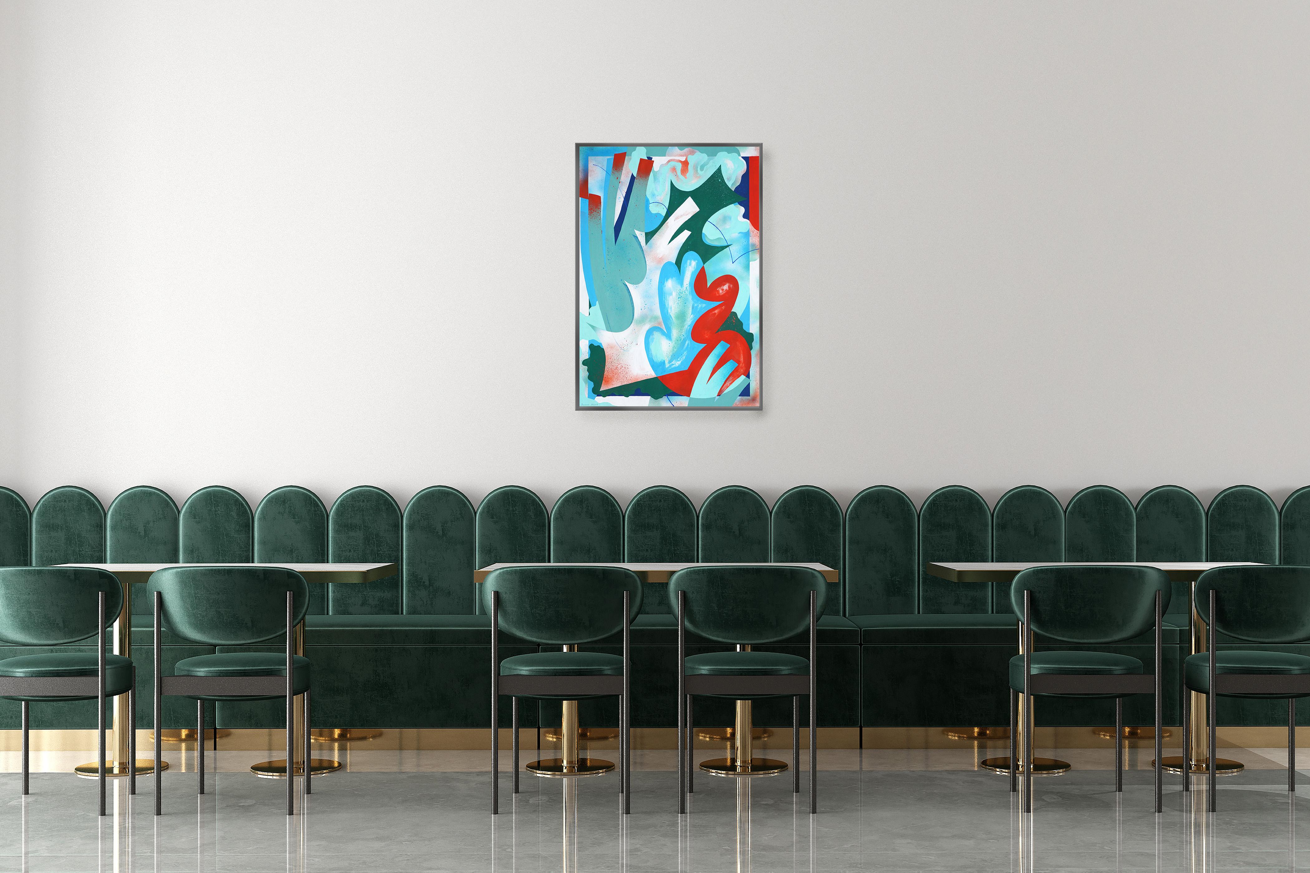 Dove nuotare, Rosso e verde, Paesaggio urbano, Forme astratte in fiore - Painting di Perrine Honoré