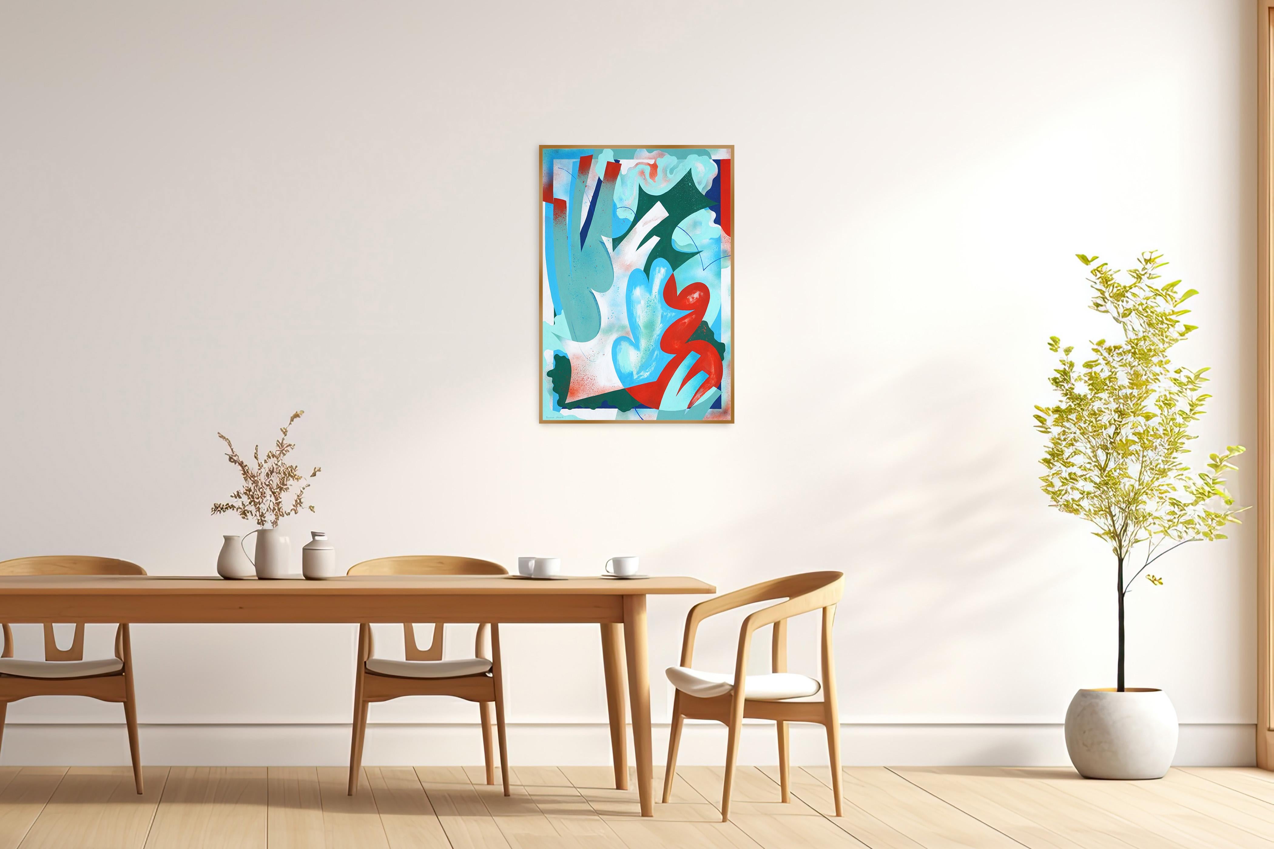 Dove nuotare, Rosso e verde, Paesaggio urbano, Forme astratte in fiore in vendita 2