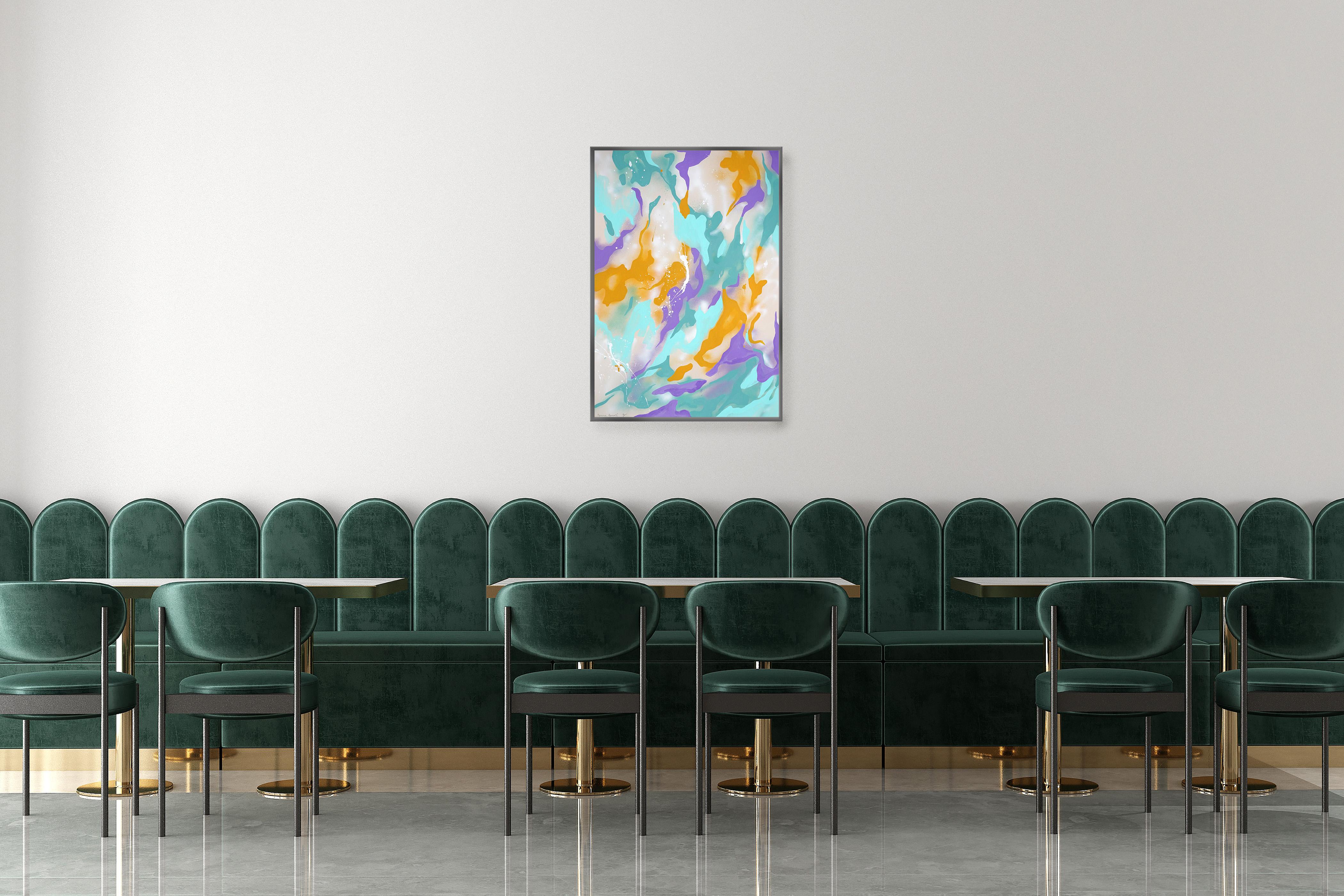 Weißer Spritzer, abstrakte Textur, schwebendes Algae, Acrylgemälde auf Papier, 2024 (Blau), Abstract Painting, von Perrine Honoré