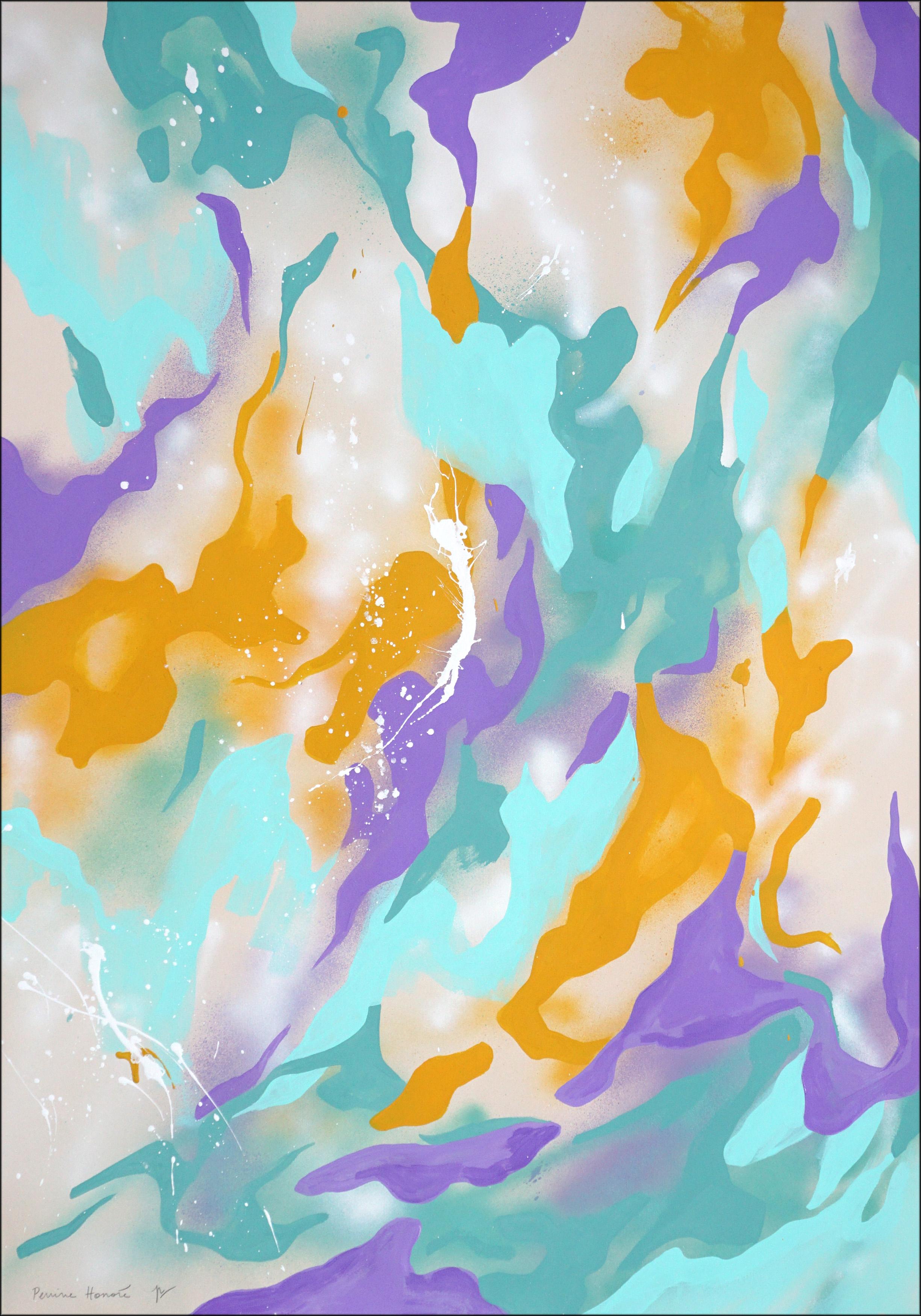 Whiting Splash, texture astratta di alghe galleggianti, pittura acrilica su carta, 2024