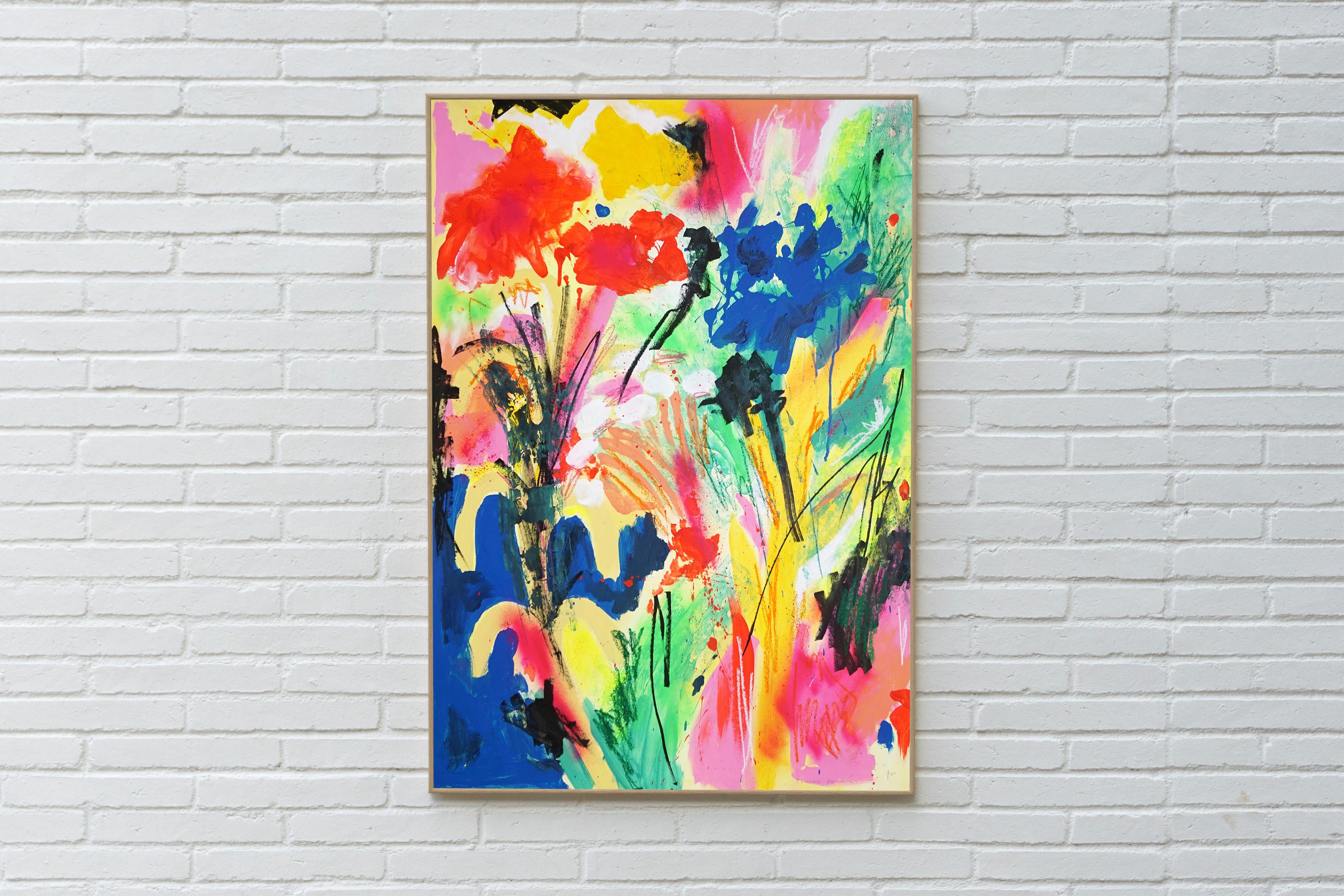 Wild Instant, Abstract Expressionist Gestures. Blooming Flowers in Vivid Tones - Painting by Perrine Honoré