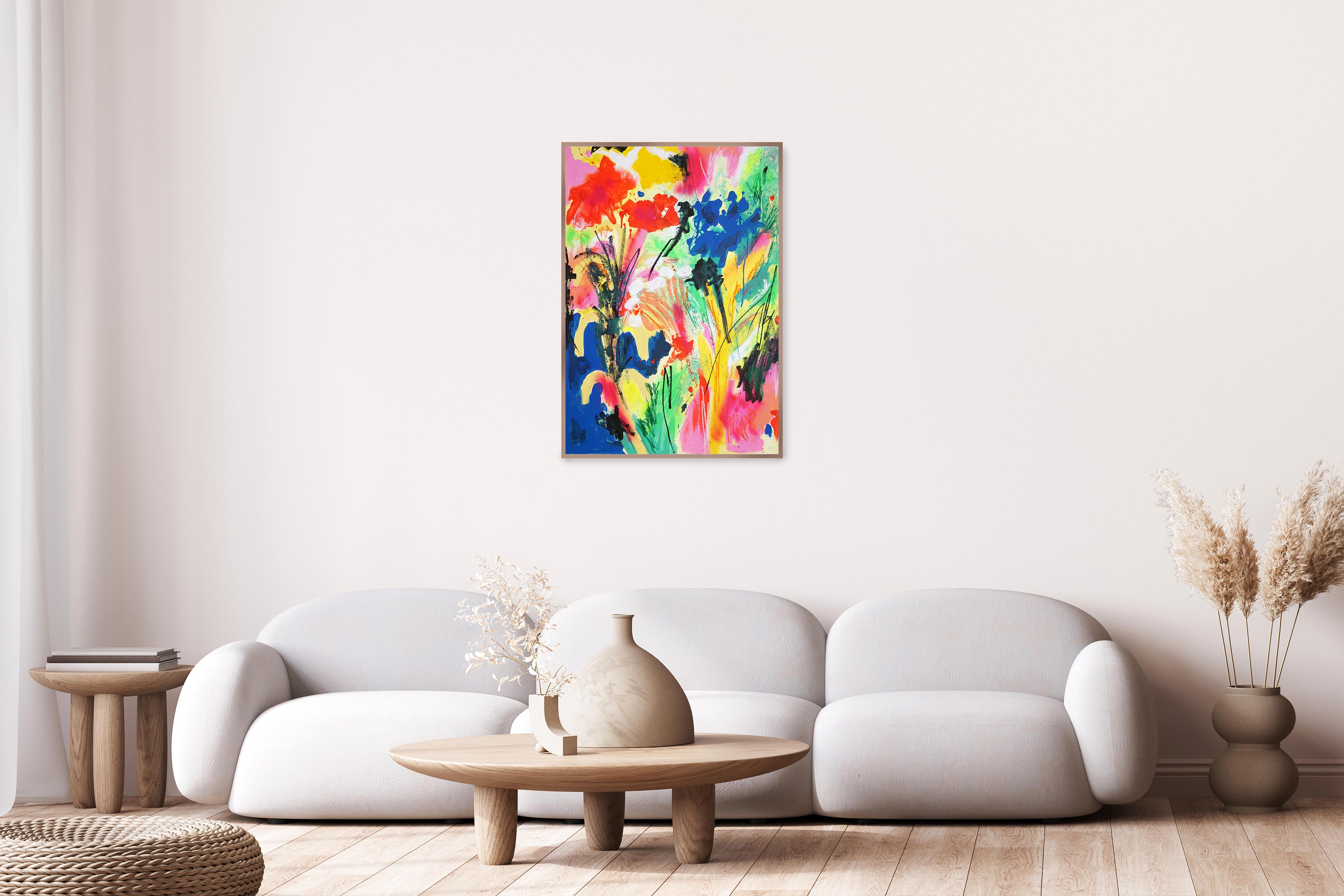 Wild Instant, Abstract Expressionist Gestures. Blooming Flowers in Vivid Tones - Neo-Expressionist Painting by Perrine Honoré