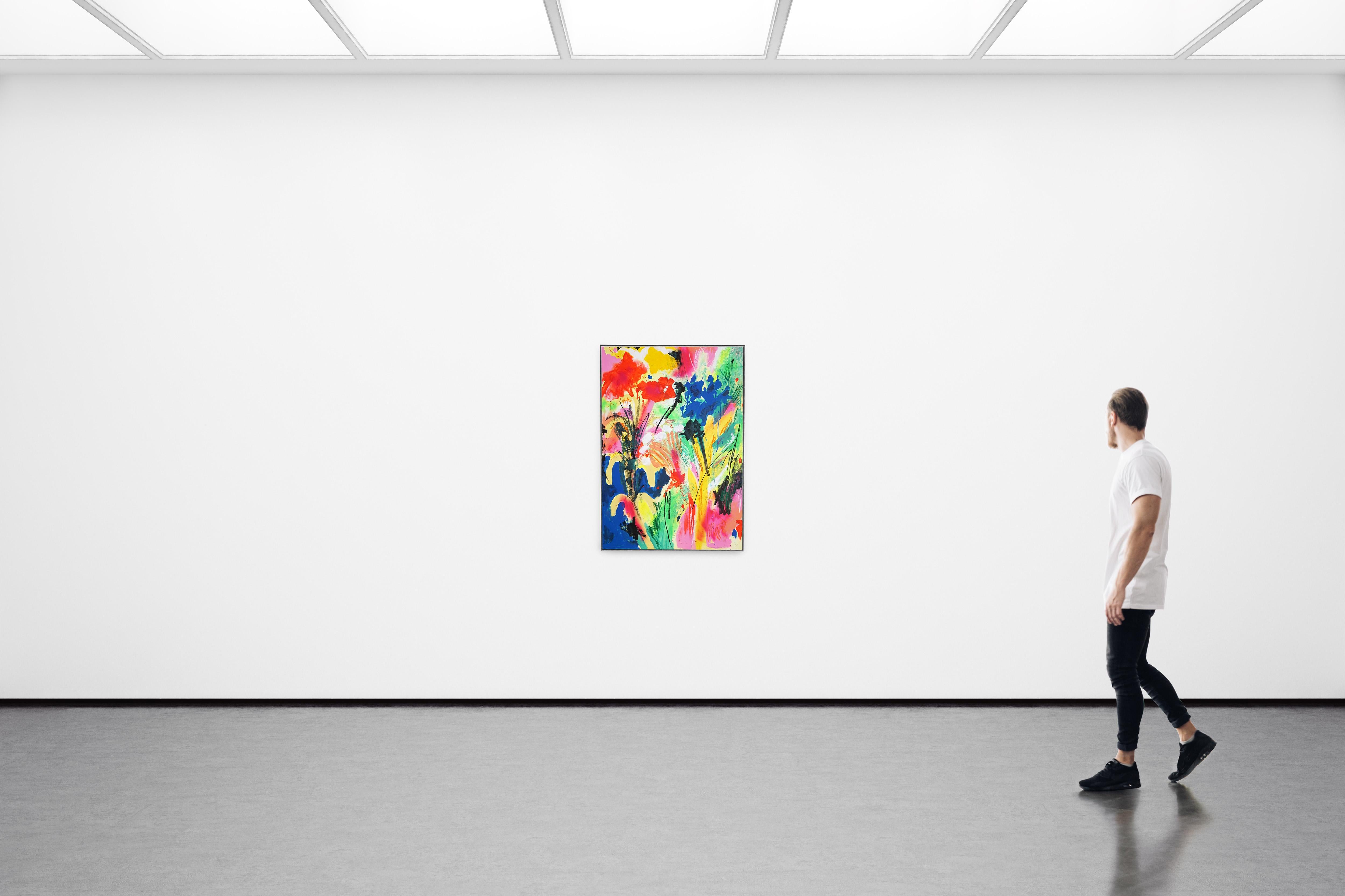 Wild Instant, Abstract Expressionist Gestures. Blooming Flowers in Vivid Tones - Beige Abstract Painting by Perrine Honoré