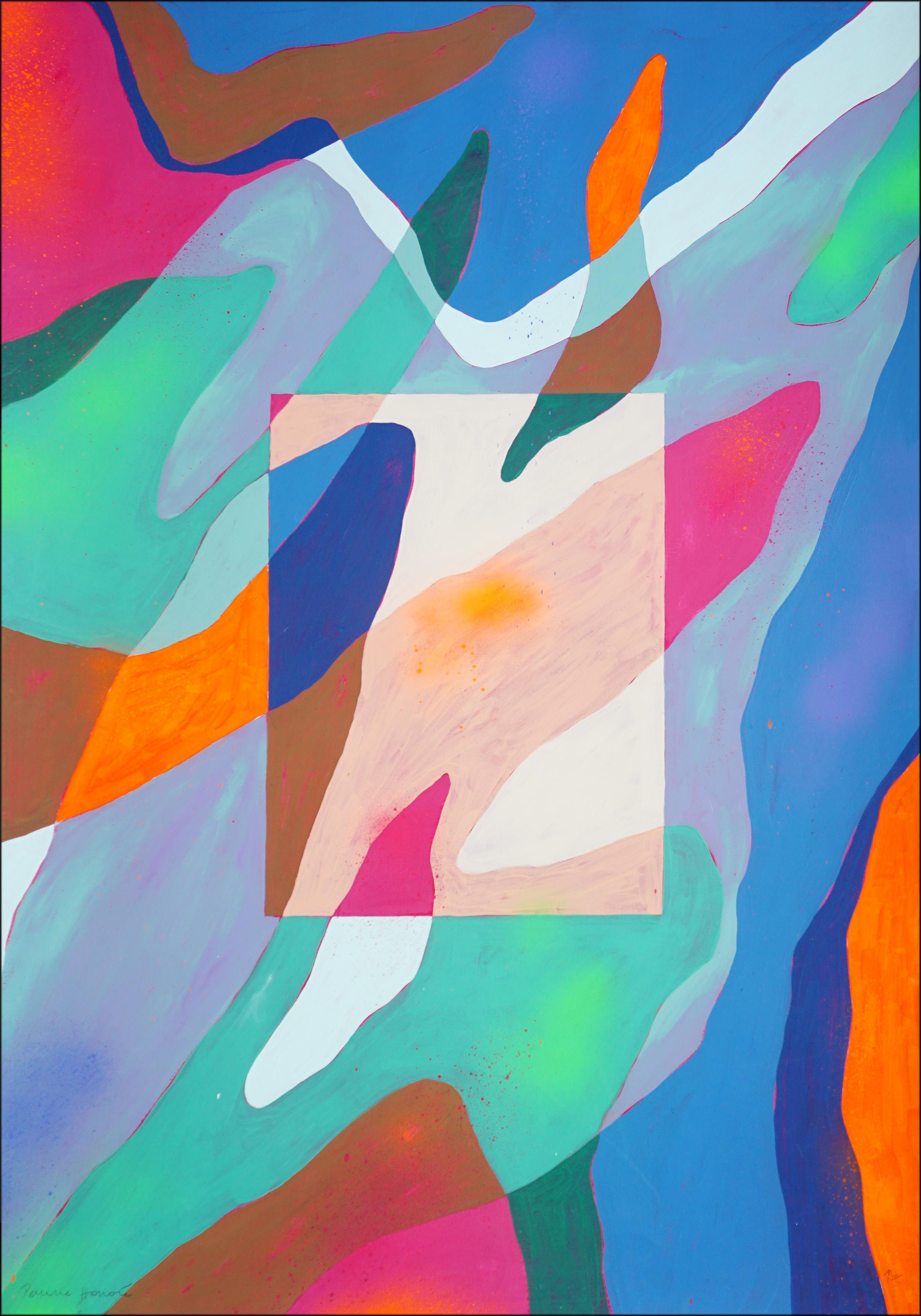 Perrine Honoré Landscape Painting - Window to the Inside World, Nineties Palette in Blue and Pink, Organic Abstract