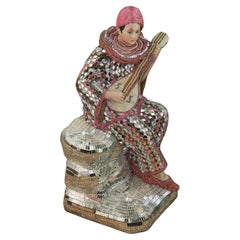 Perrot Large Mirror and Beaded Mosaic Guitar Playing Female Sculpture