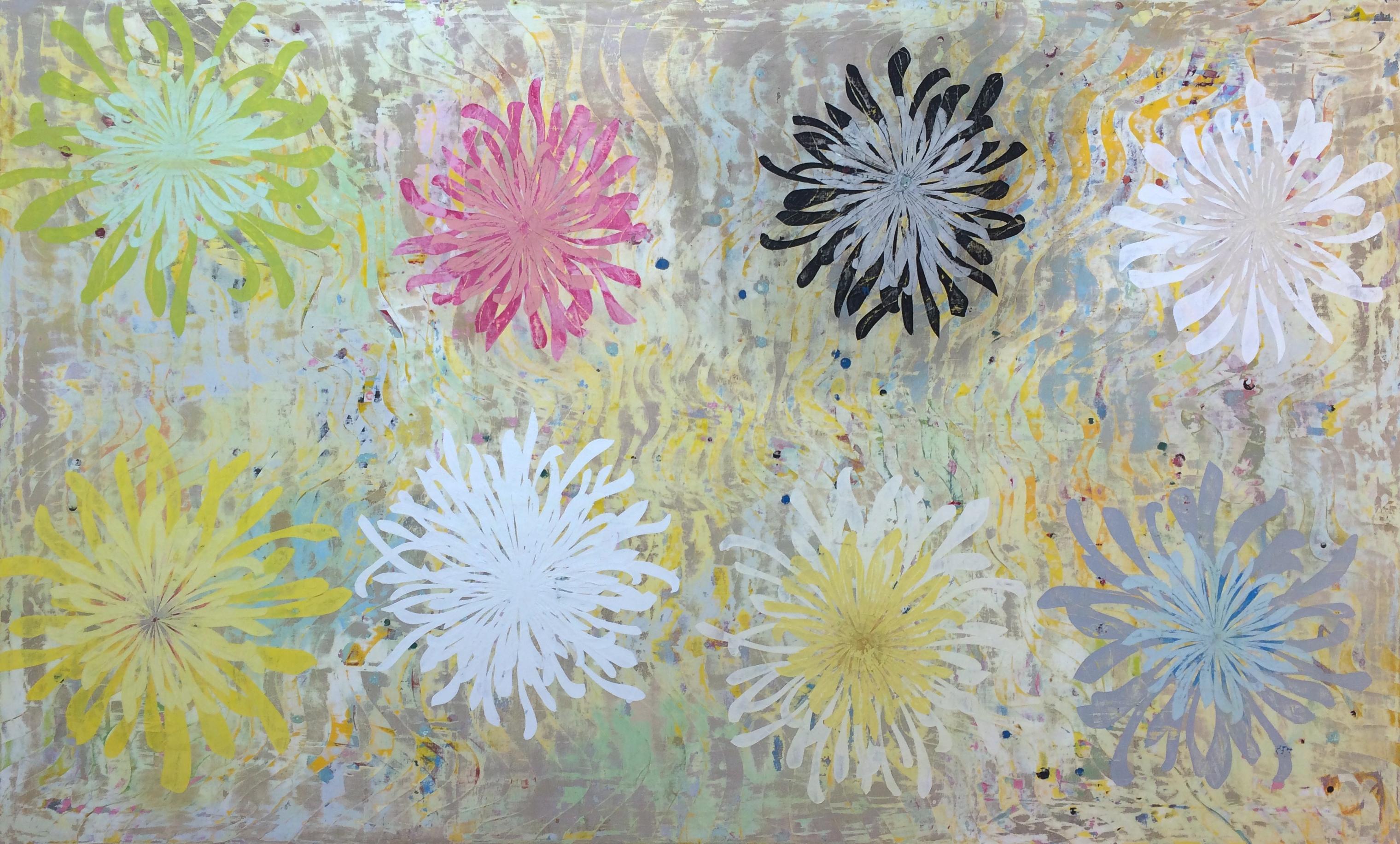 Perry Burns Figurative Painting - Chrysanthemum Tapestry, oil on canvas, 51" x 84"