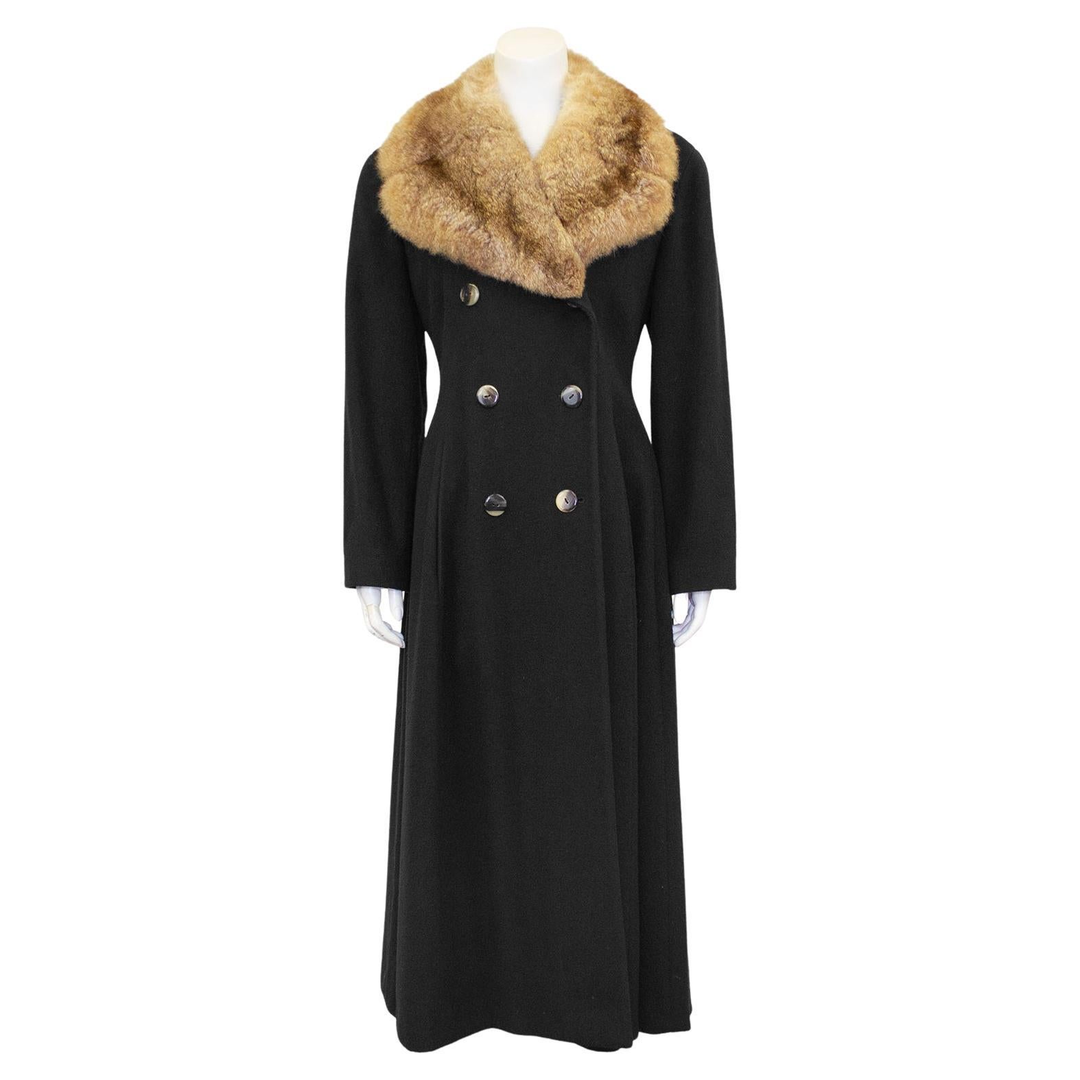 Perry Ellis 1980's Maxi Length Princess Style Coat with Fur Collar For Sale