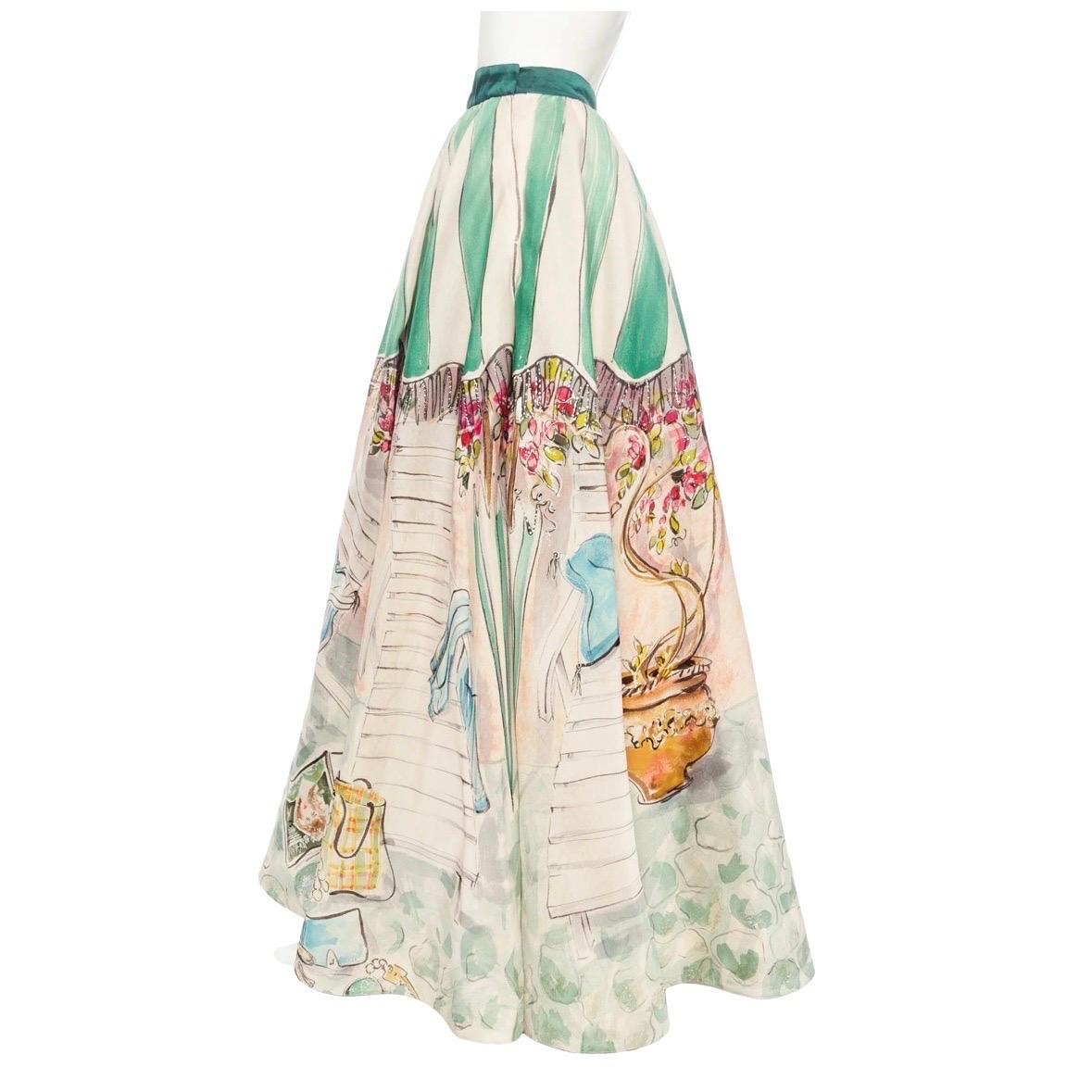 Perry Ellis 1992 Hand-Painted Cotton Organdy Full Skirt (Marc Jacobs) In Good Condition For Sale In Los Angeles, CA