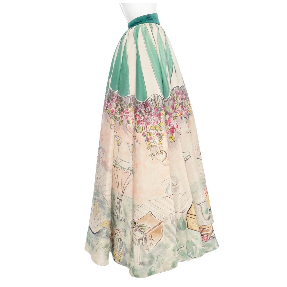 Women's Perry Ellis 1992 Hand-Painted Cotton Organdy Full Skirt (Marc Jacobs) For Sale