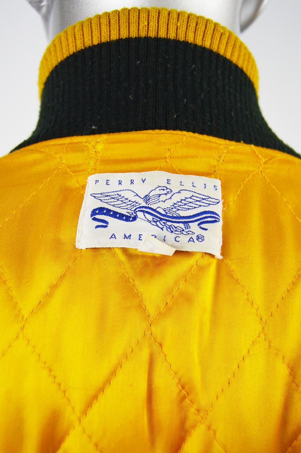 Perry Ellis Mens Vintage Green & Yellow Wool Made in USA Letterman Jacket, 1980s For Sale 2