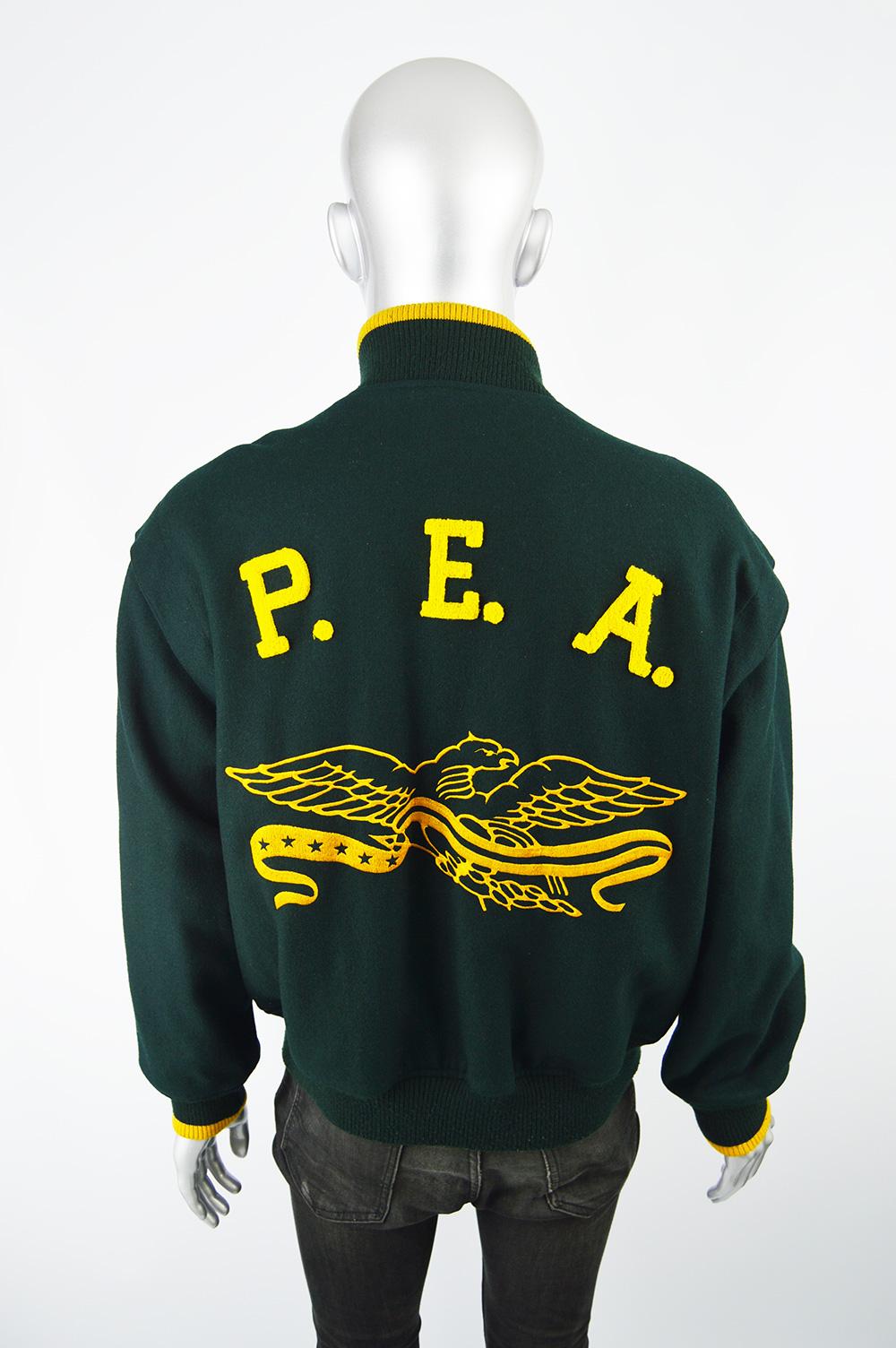 Perry Ellis Mens Vintage Green & Yellow Wool Made in USA Letterman Jacket, 1980s In Excellent Condition For Sale In Doncaster, South Yorkshire