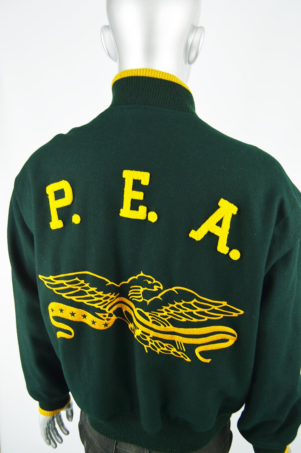 Men's Perry Ellis Mens Vintage Green & Yellow Wool Made in USA Letterman Jacket, 1980s For Sale