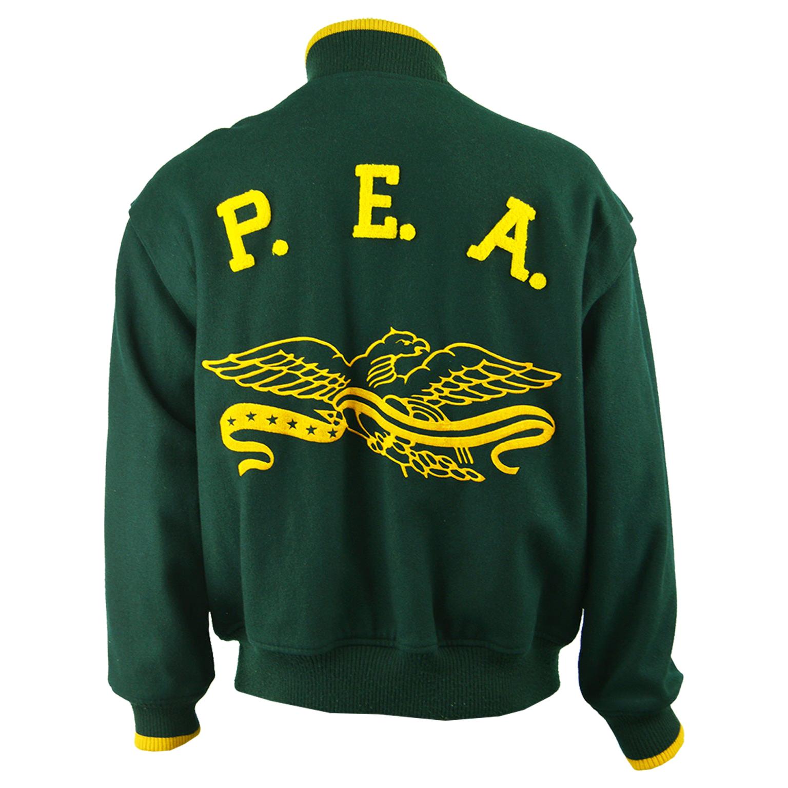 Perry Ellis Mens Vintage Green & Yellow Wool Made in USA Letterman Jacket, 1980s For Sale