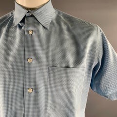 Perry Ellis Taglia L Camicia a manica corta in misto rayon blu con motivo a balze.