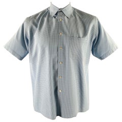 Perry Ellis Taglia L Camicia a manica corta in misto rayon blu con motivo a balze.
