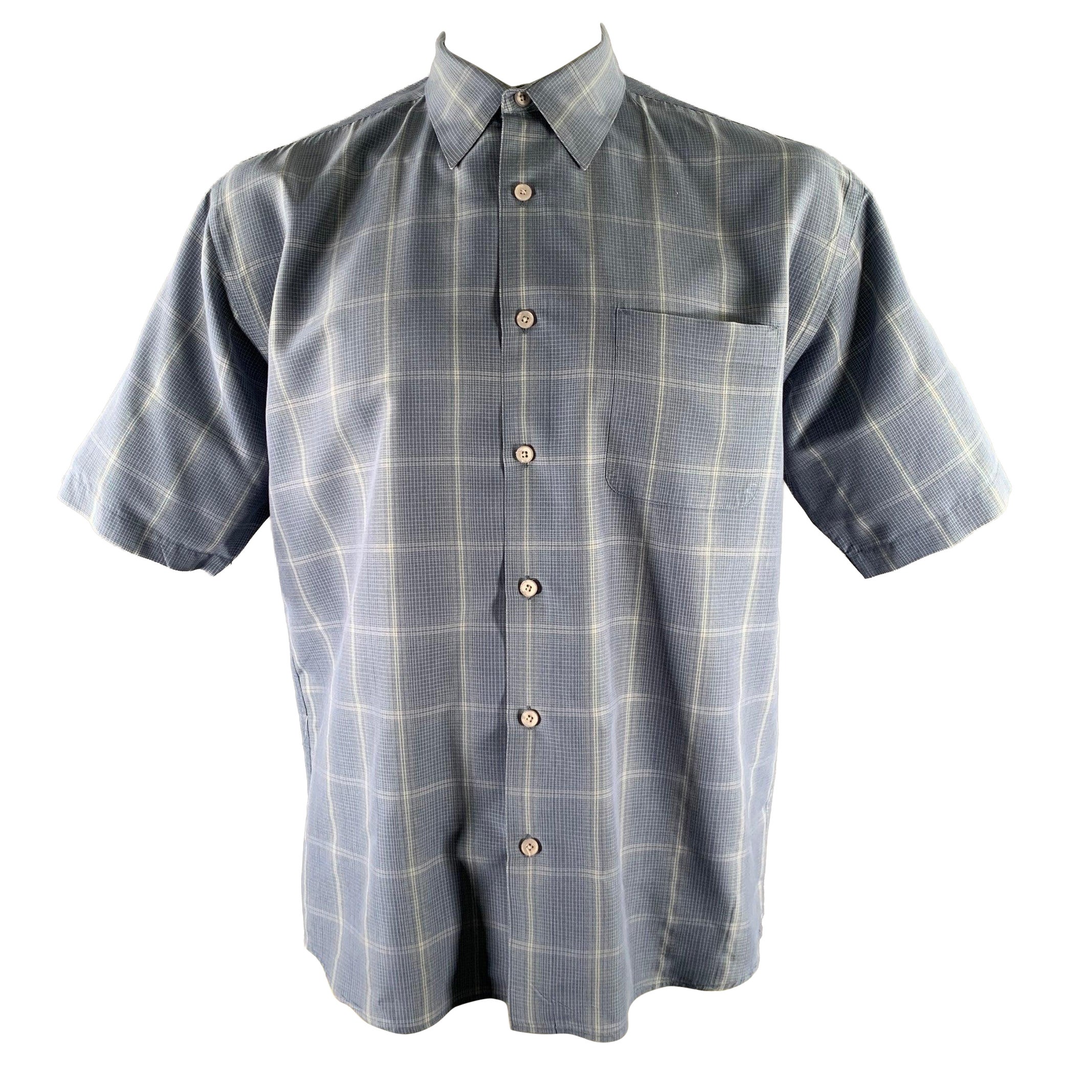 PERRY ELLIS Size L Blue Grey Plaid Rayon Blend Pointed Collar Short Sleeve Shirt (Chemise à manches courtes à col pointu) en vente