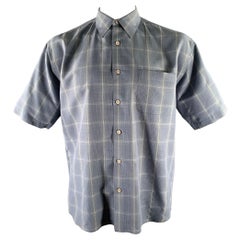 PERRY ELLIS Size L Blue Grey Plaid Rayon Blend Pointed Collar Short Sleeve Shirt