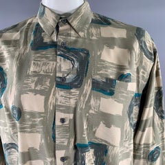 PERRY ELLIS Size L Green Olive Abstract Silk Pointed Collar Long Sleeve Shirt (Chemise à col pointu)