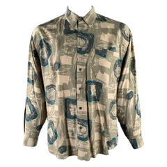 PERRY ELLIS Size L Green Olive Abstract Silk Pointed Collar Long Sleeve Shirt (Chemise à col pointu)