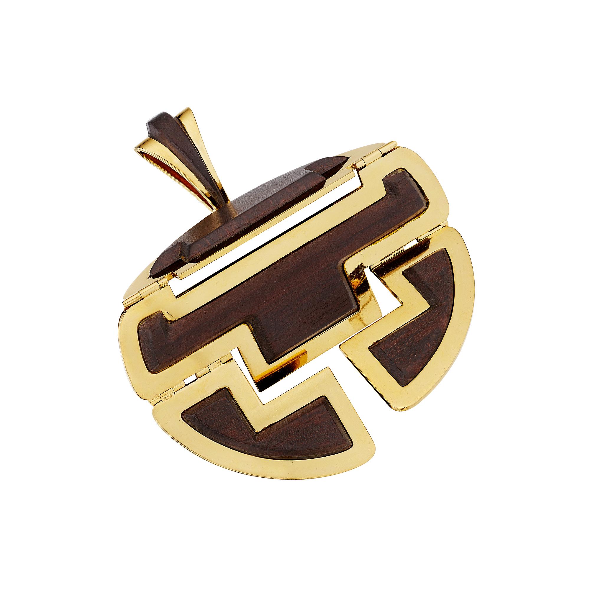 Modernista Collana con ciondolo Perry & Fils Paris Gold Wood Vintage in vendita