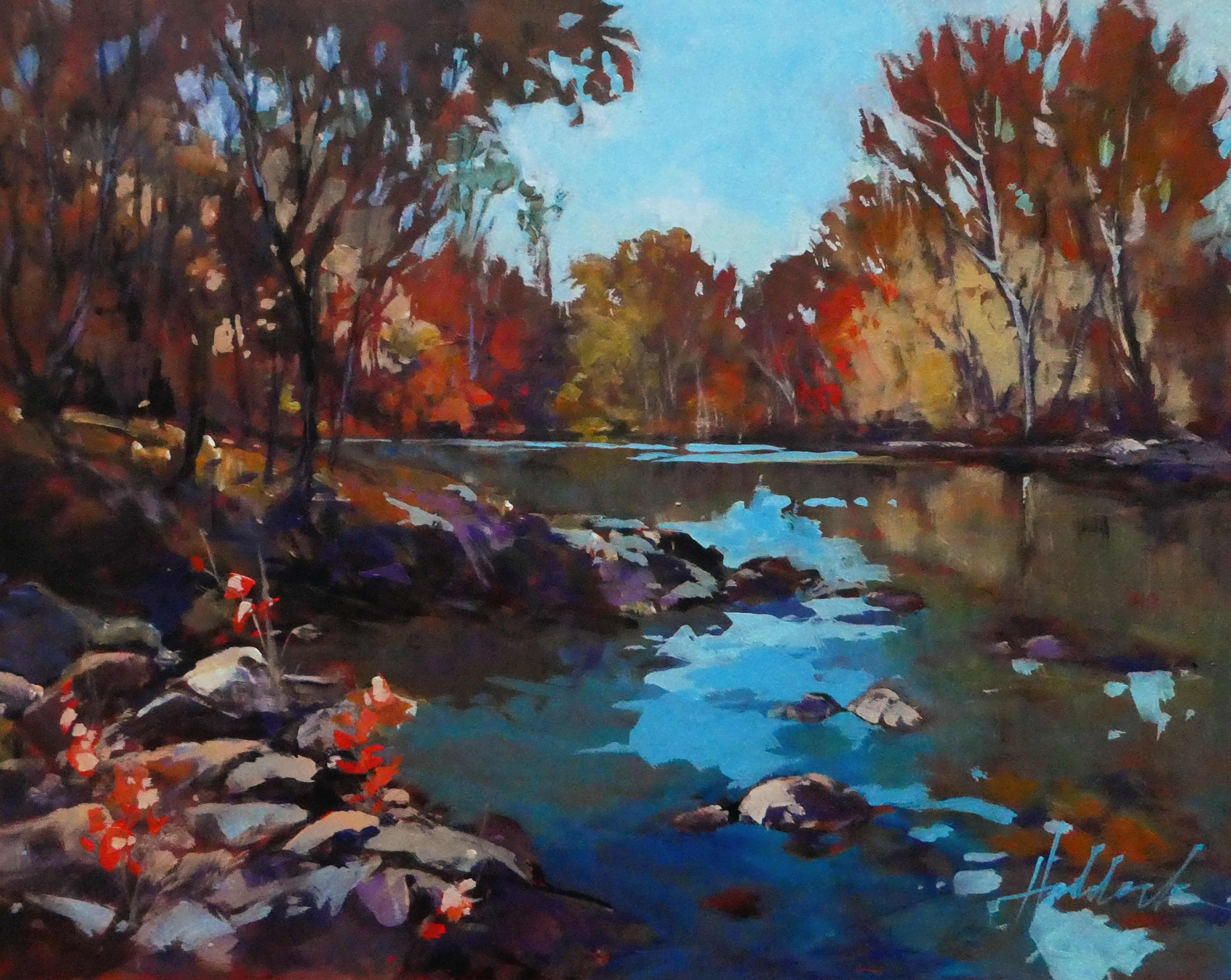 A colourful autumn scene with sky and tree reflections in a shallow creek.  :: Painting :: Impressionist :: This piece comes with an official certificate of authenticity signed by the artist :: Ready to Hang: No :: Signed: Yes :: Signature Location: