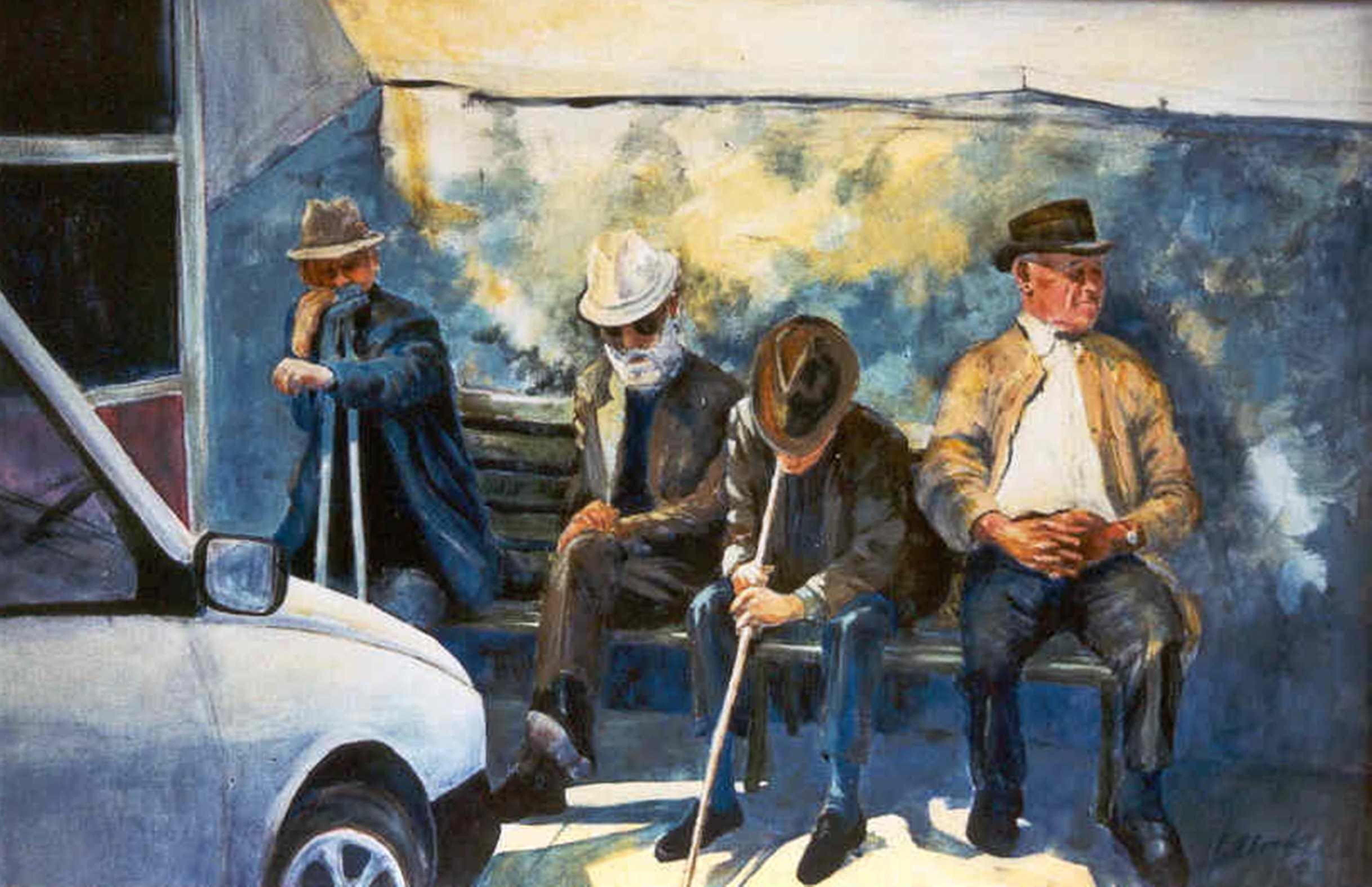 Carrara Men's Club, Pittura, Acrilico su tela - Painting di Perry Haddock