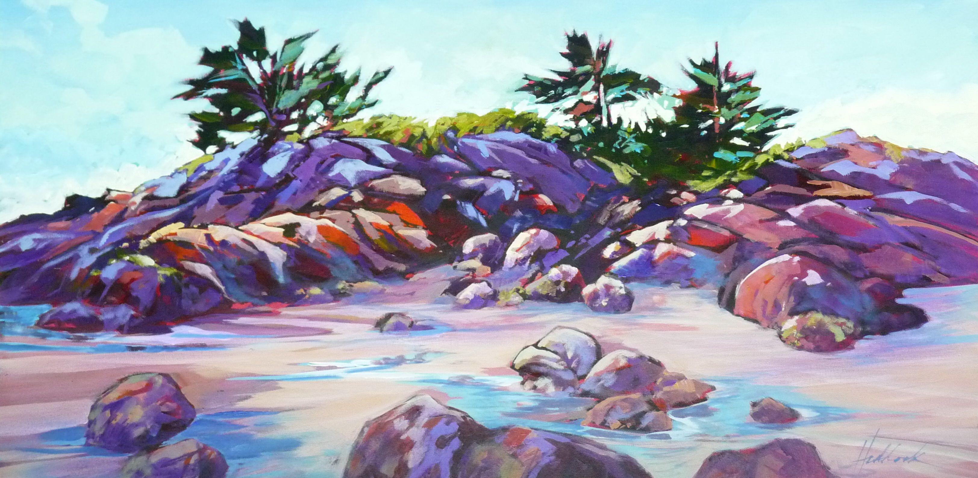 A rocky beach on the Pacific Coast waits for an incoming tide.  Vibrant colors against a blue summer sky.  :: Painting :: Impressionist :: This piece comes with an official certificate of authenticity signed by the artist :: Ready to Hang: Yes ::