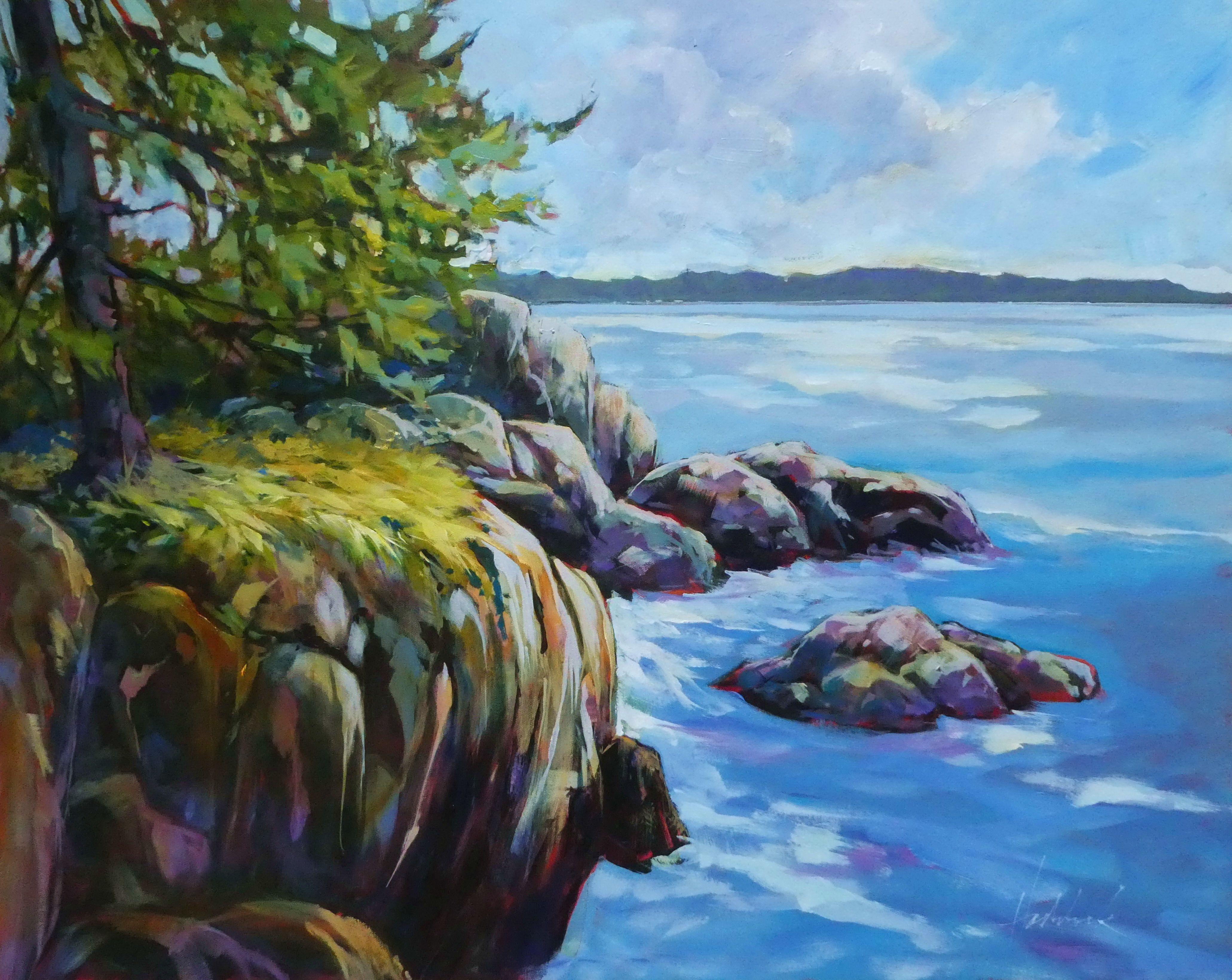 Rocky cliffs line the edge of Howe Sound near Vancouver, British Columbia.  A favourite spot for divers and fishers, Howe Sound is rich with sea life, and its shoreline beckons hikers and photographers. and artists.  :: Painting :: Impressionist ::