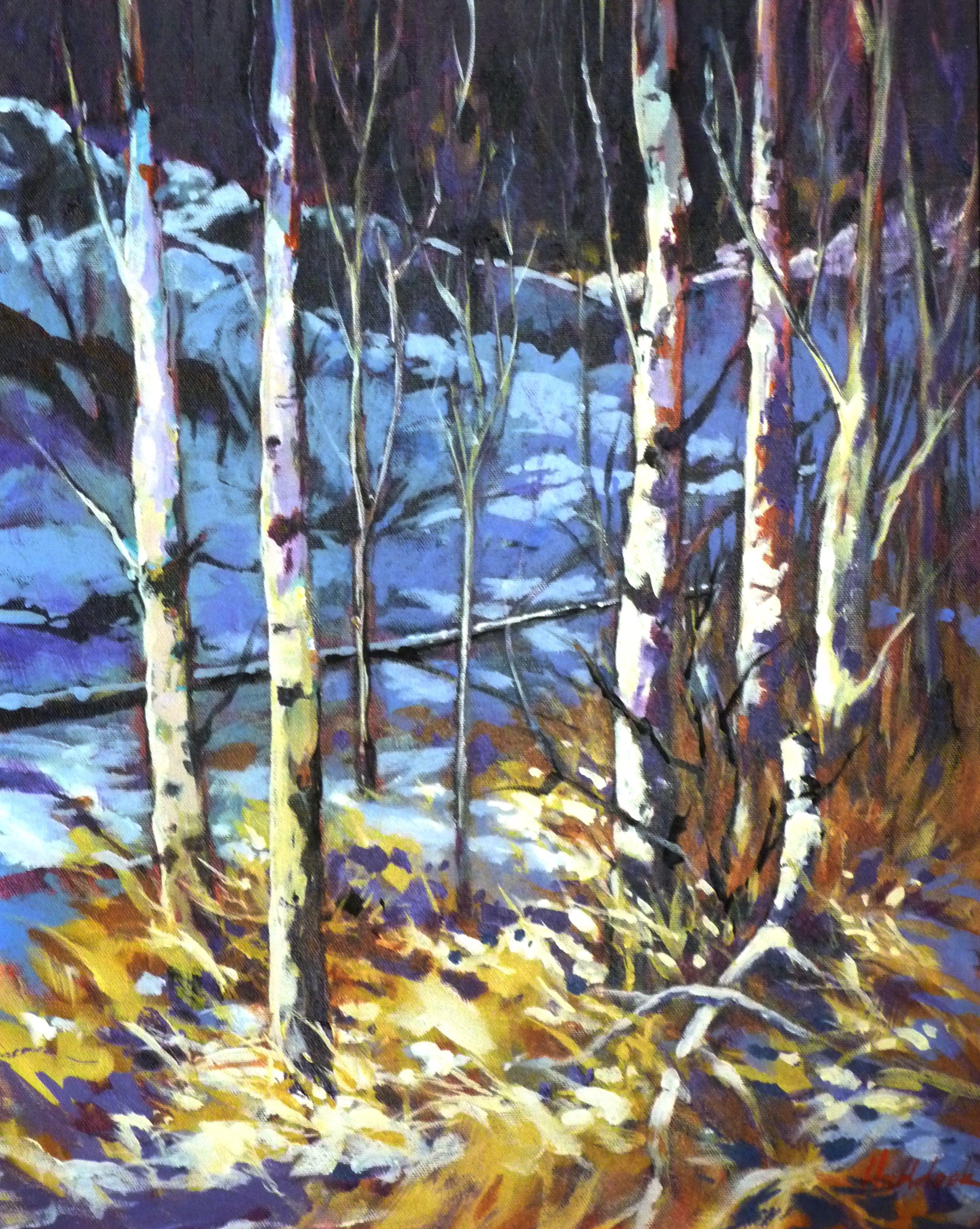 Warm sun hits the highlights of winter birch trees and grasses against a backdrop of cool snow shadows.  :: Painting :: Impressionist :: This piece comes with an official certificate of authenticity signed by the artist :: Ready to Hang: No ::