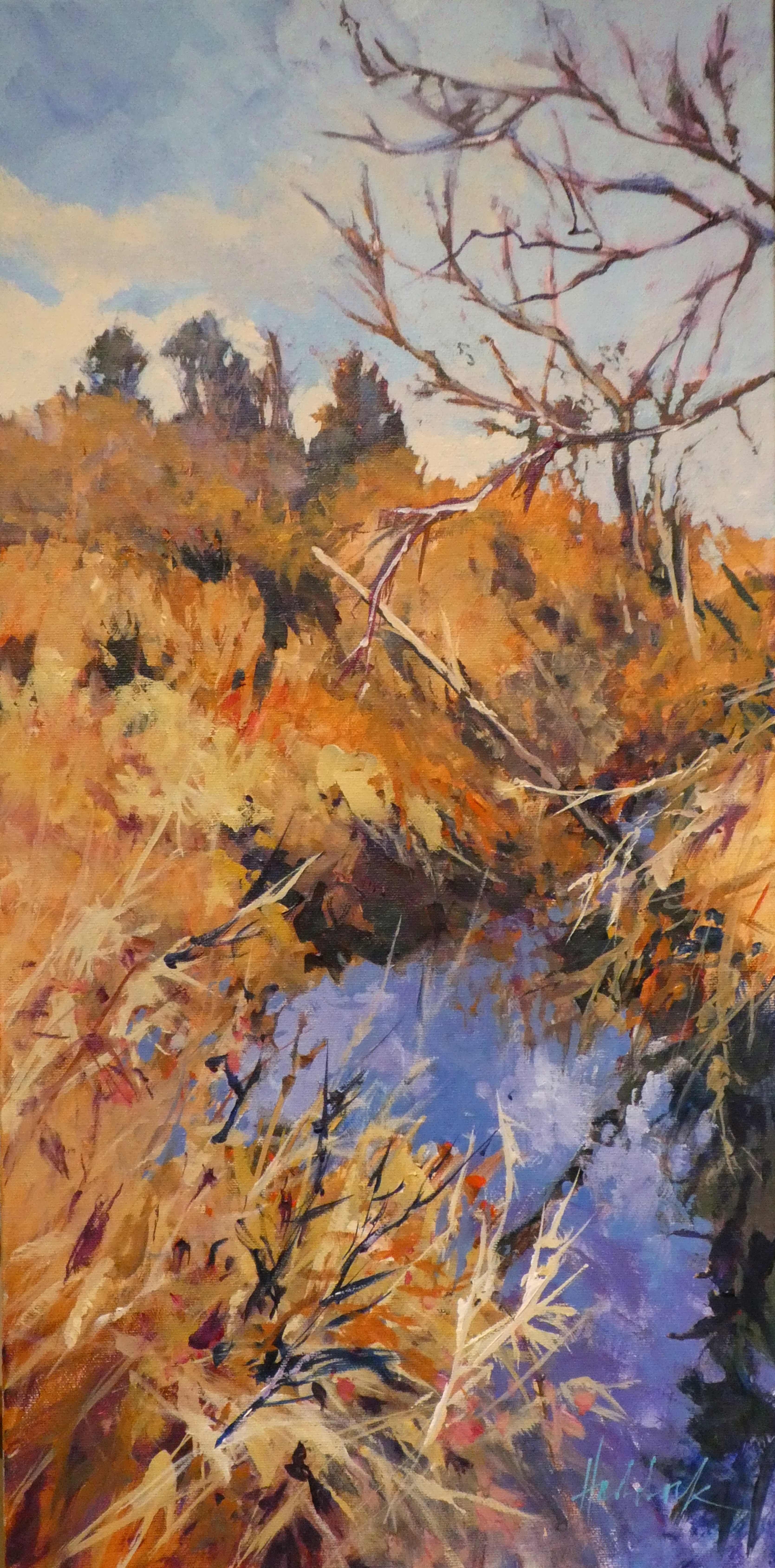 Autumn grasses hug the banks of the Nicomekl River in British Columbia.  :: Painting :: Impressionist :: This piece comes with an official certificate of authenticity signed by the artist :: Ready to Hang: Yes :: Signed: Yes :: Signature Location: