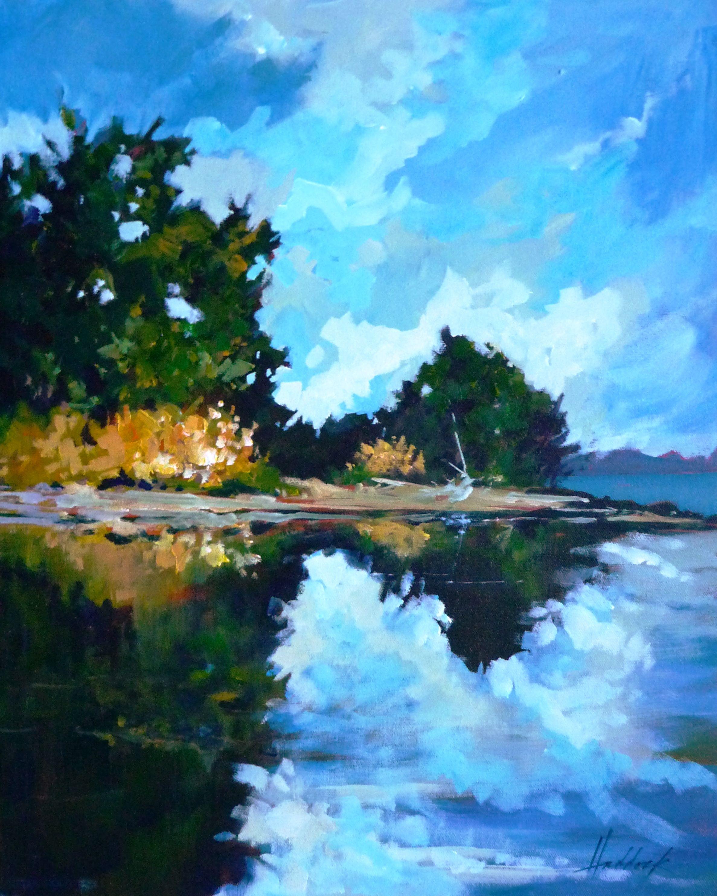 Calm waters of a placid seaside lagoon reflect the summer skies and colorful trees and foliage.  :: Painting :: Impressionist :: This piece comes with an official certificate of authenticity signed by the artist :: Ready to Hang: Yes :: Signed: Yes