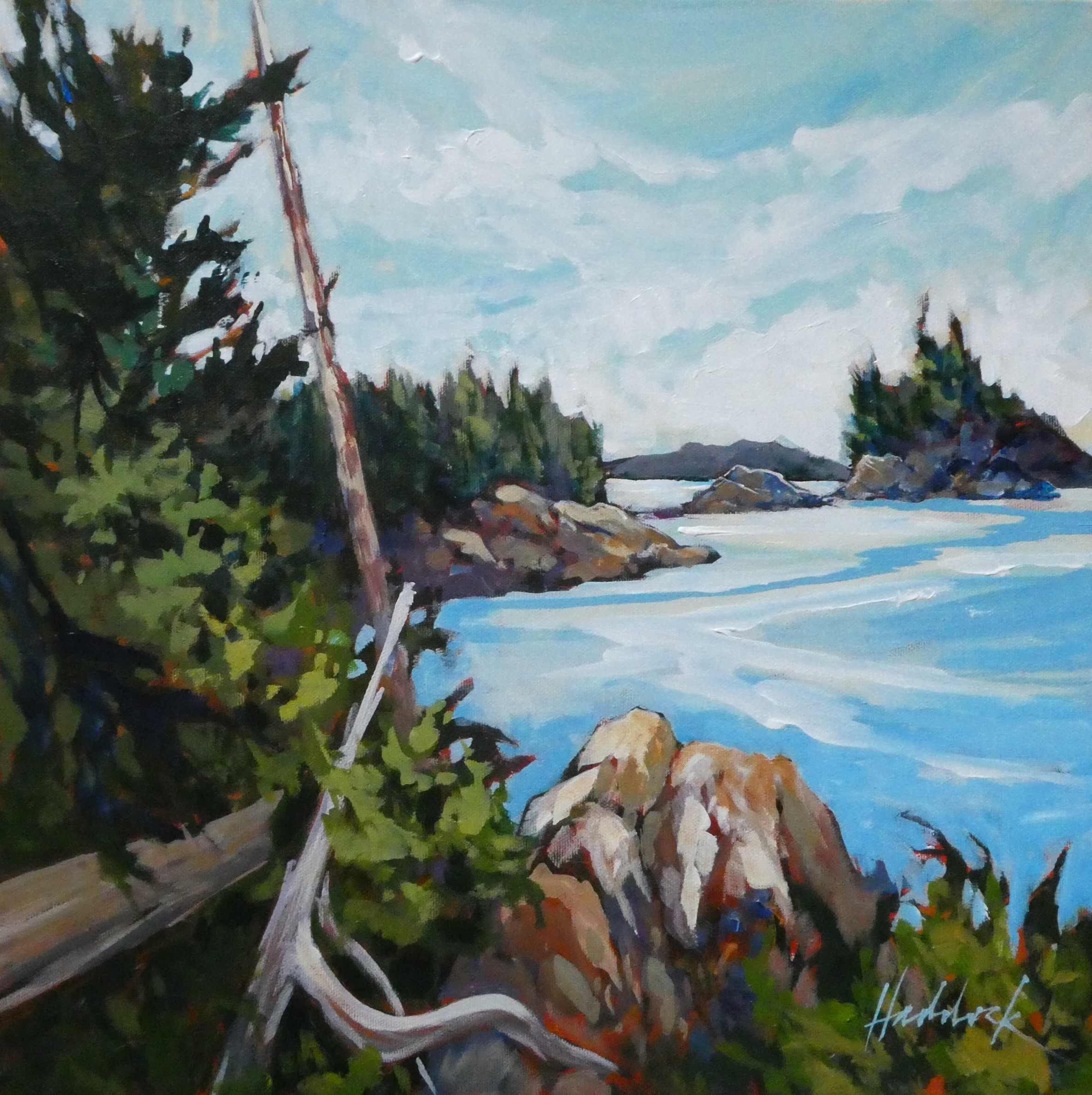 A hidden cove on Vancouver Island's rugged west coast, nestled by native plants and windswept trees.  :: Painting :: Impressionist :: This piece comes with an official certificate of authenticity signed by the artist :: Ready to Hang: Yes :: Signed: