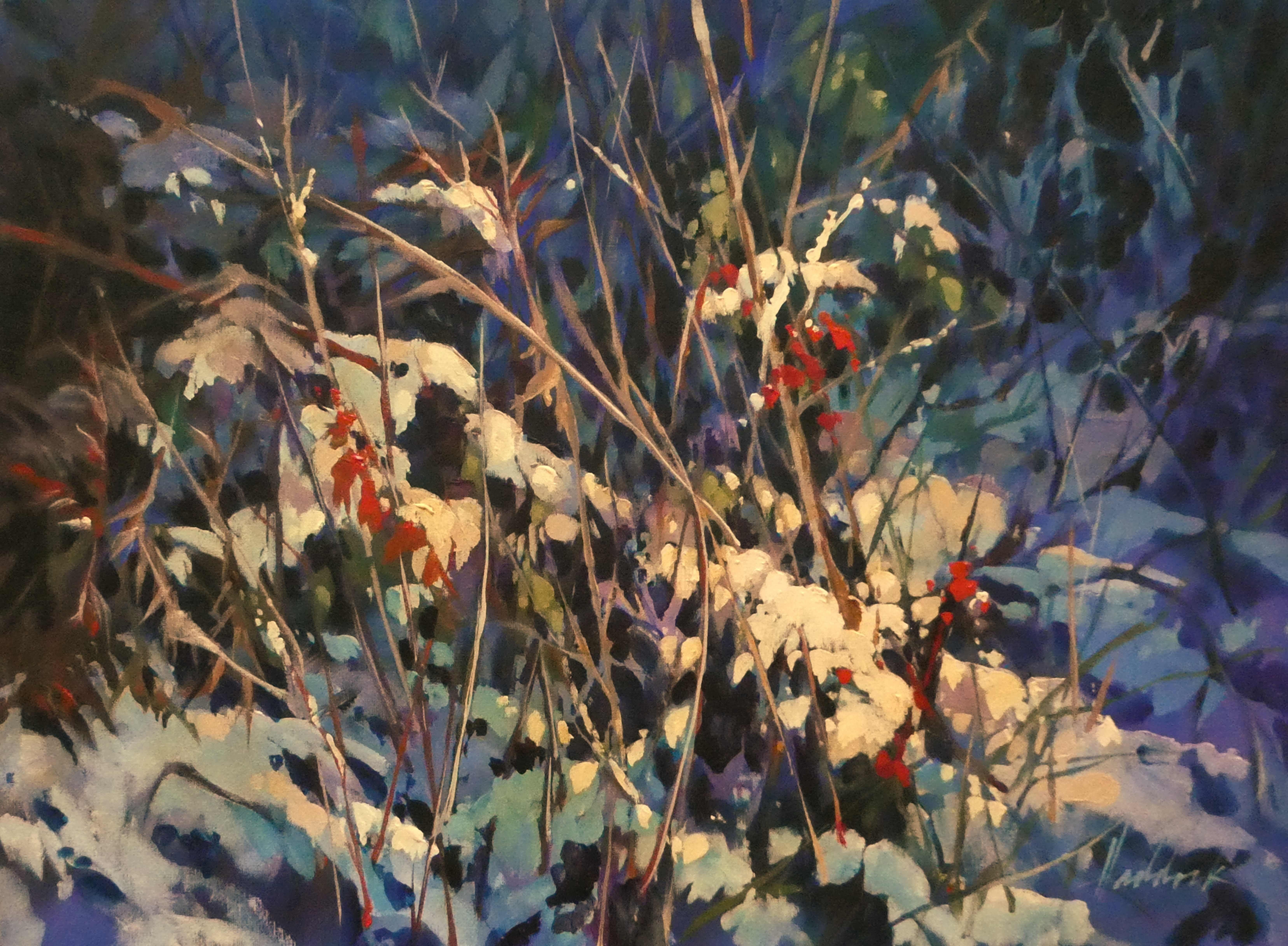 Jewels of snow cling to autumn grasses in a nature-inspired abstract pattern. The painting is protected from dust and Ultra violet light by a professional quality artist varnish.   :: Painting :: Impressionist :: This piece comes with an official